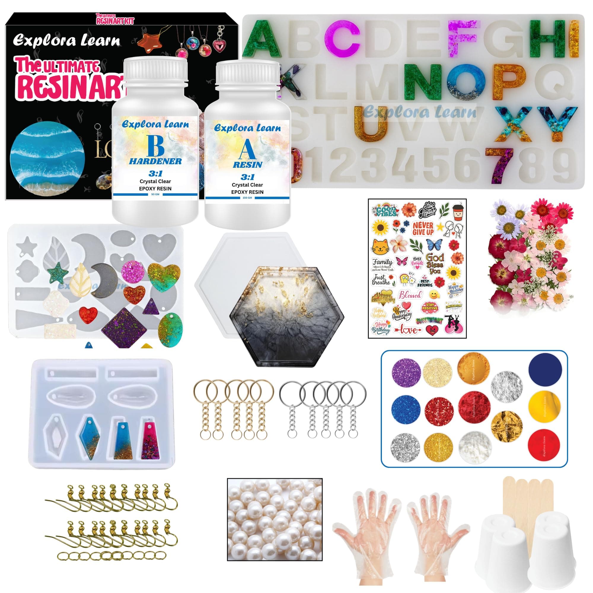 exploralearn 95 Pcs Ultimate Resin Art Kit with 200g Epoxy Resin – DIY Alphabet, Jewelry, Coasters & Pendants – Includes Dried Flowers, Stickers, Glitters & More