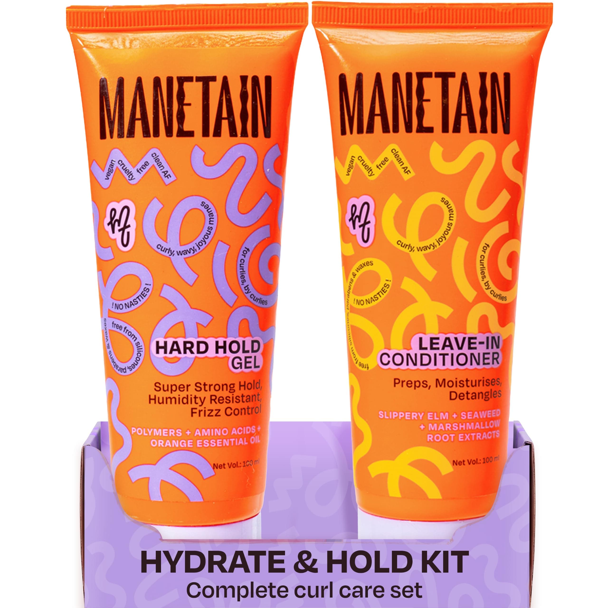 MANETAIN Hydrate & Hold Curl Kit | Leave-in Conditioner 100ml & Hard Hold Gel 100ml for Curly Hair | Long-Lasting Definition, Frizz Control & Moisture for All Hair Types | Vegan, Paraben-Free, CG-Friendly Styling Duo