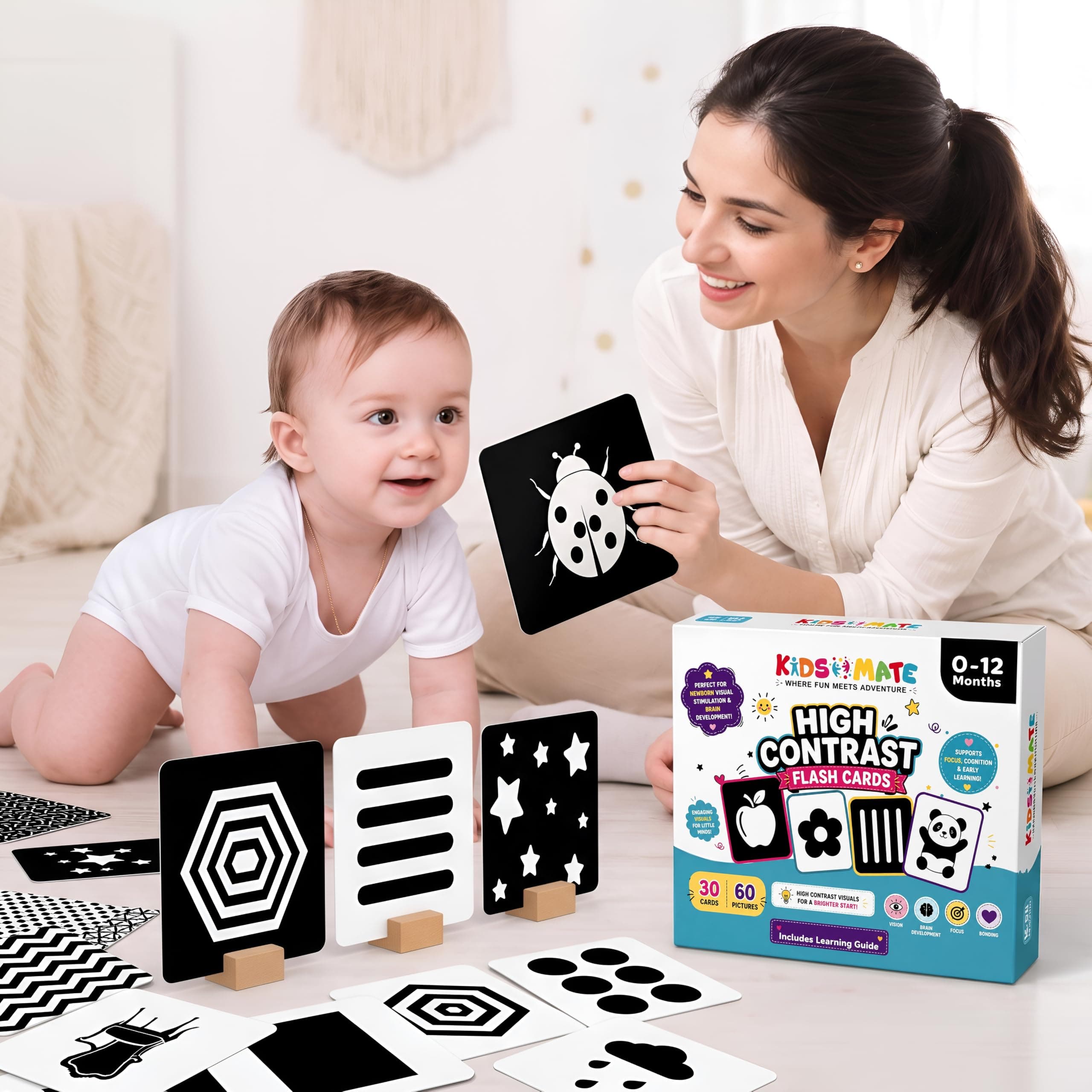Kidsmate Large Flash Cards for Babies 0-12 Months | High Contrast Black & White 60 Double-Sided Cards for Newborn Learning, Visual Stimulation, Brain Development & Tummy Time (Holder Included)