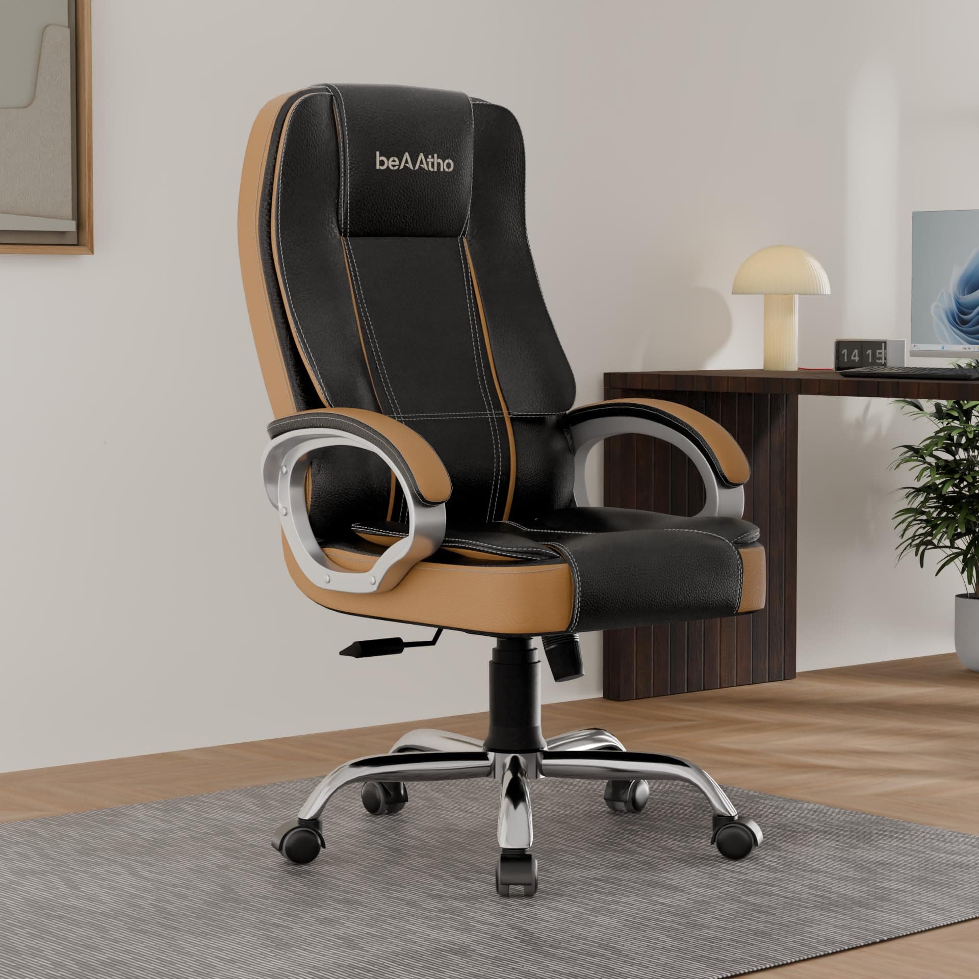 beAAtho® Vintage Executive High Back Ergonomic Leatherette Office Chair with 3 Years Warranty | Revolving Director & Boss Seating | Orthopedic Design | Tan