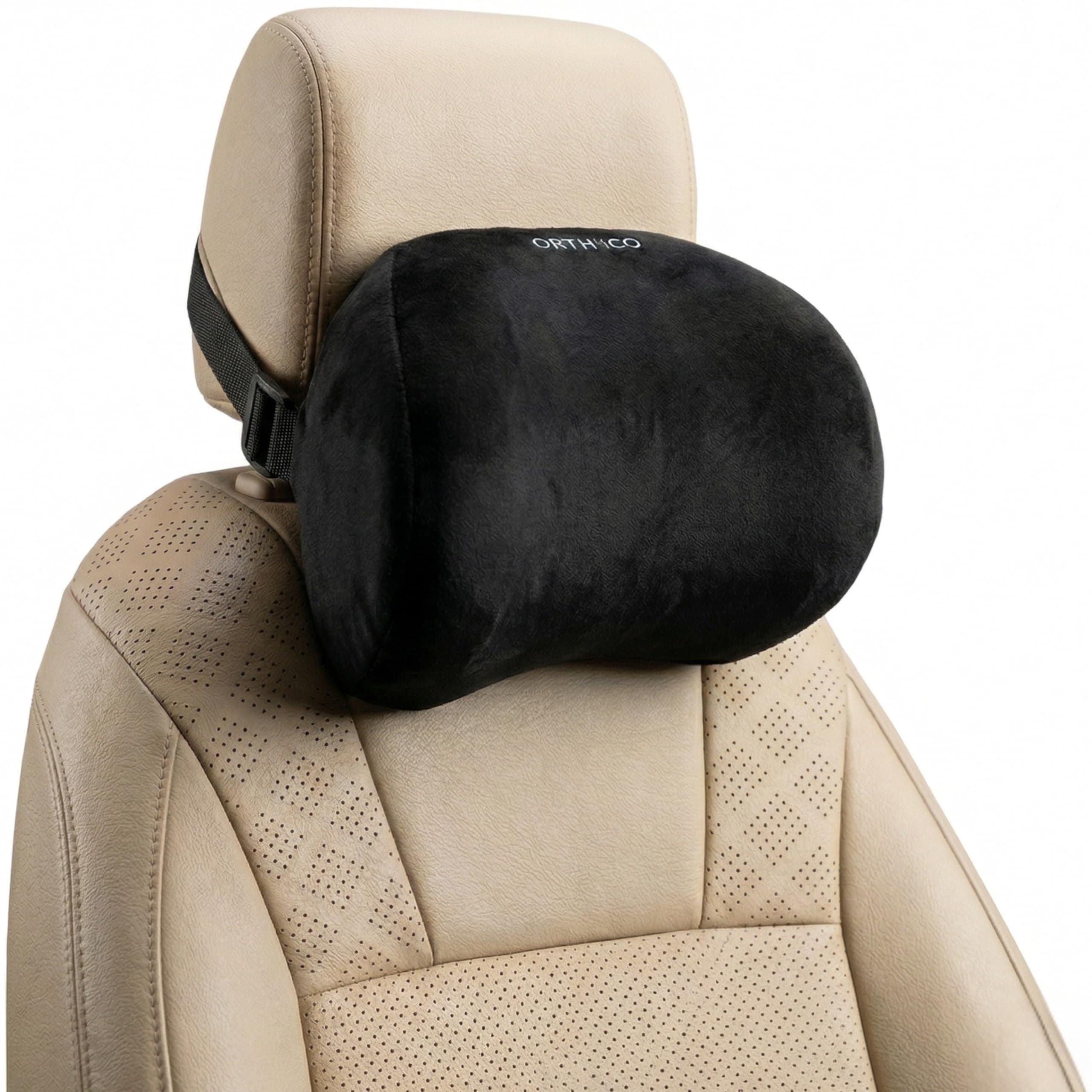 ORTHICO Car Neck Pillow Memory Foam, Black, Pack of 1 | Relieves Neck Pain | Hi-Per Foam Head Rest Pillow Washable Velvet Cover | 1 Years Warranty