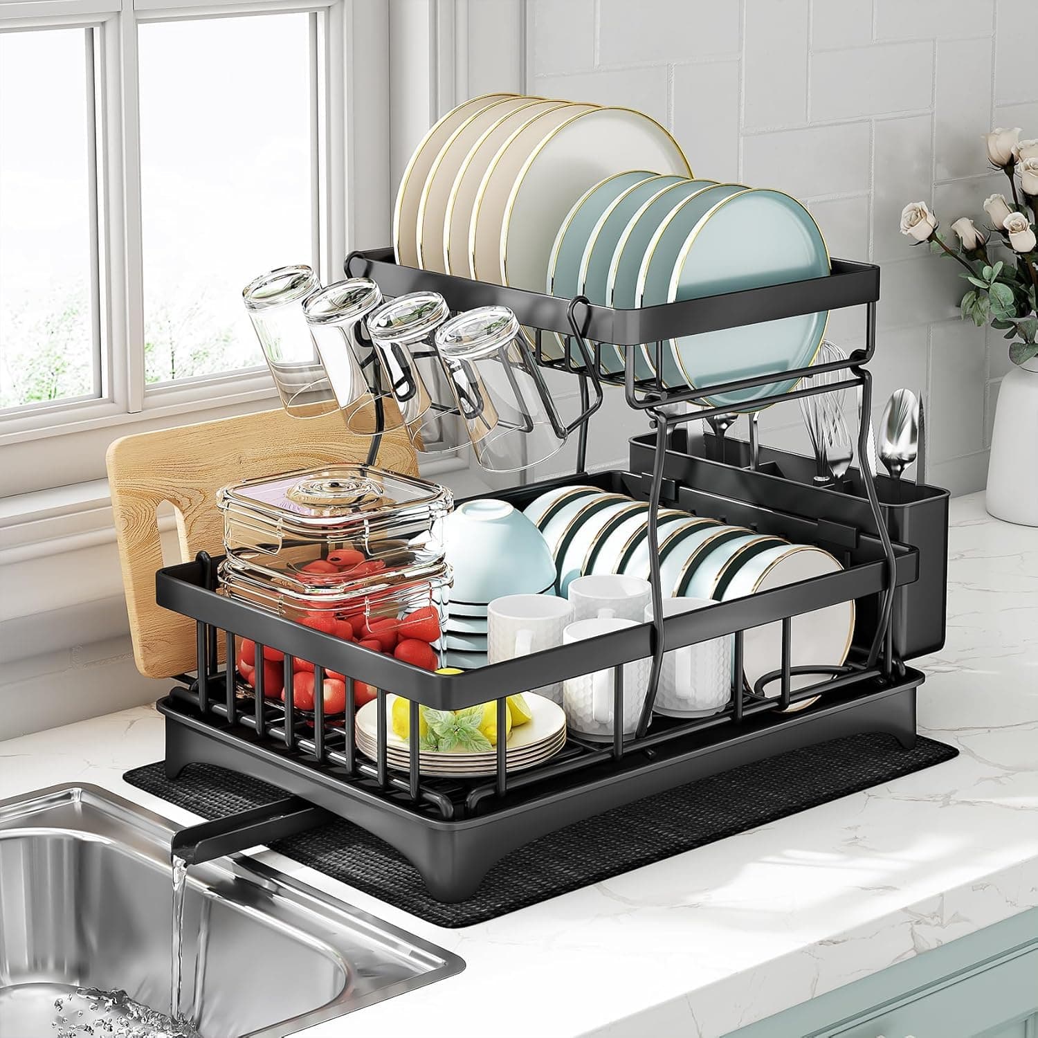 ZROY Dish Drying Rack 2-Tier with Drainboard for Kitchen Countertop – Stainless Steel Dish Drainer with Utensil Holder, Cup Rack, Knife Storage & Water Drain Spout (New Black Rack 2-Tier)