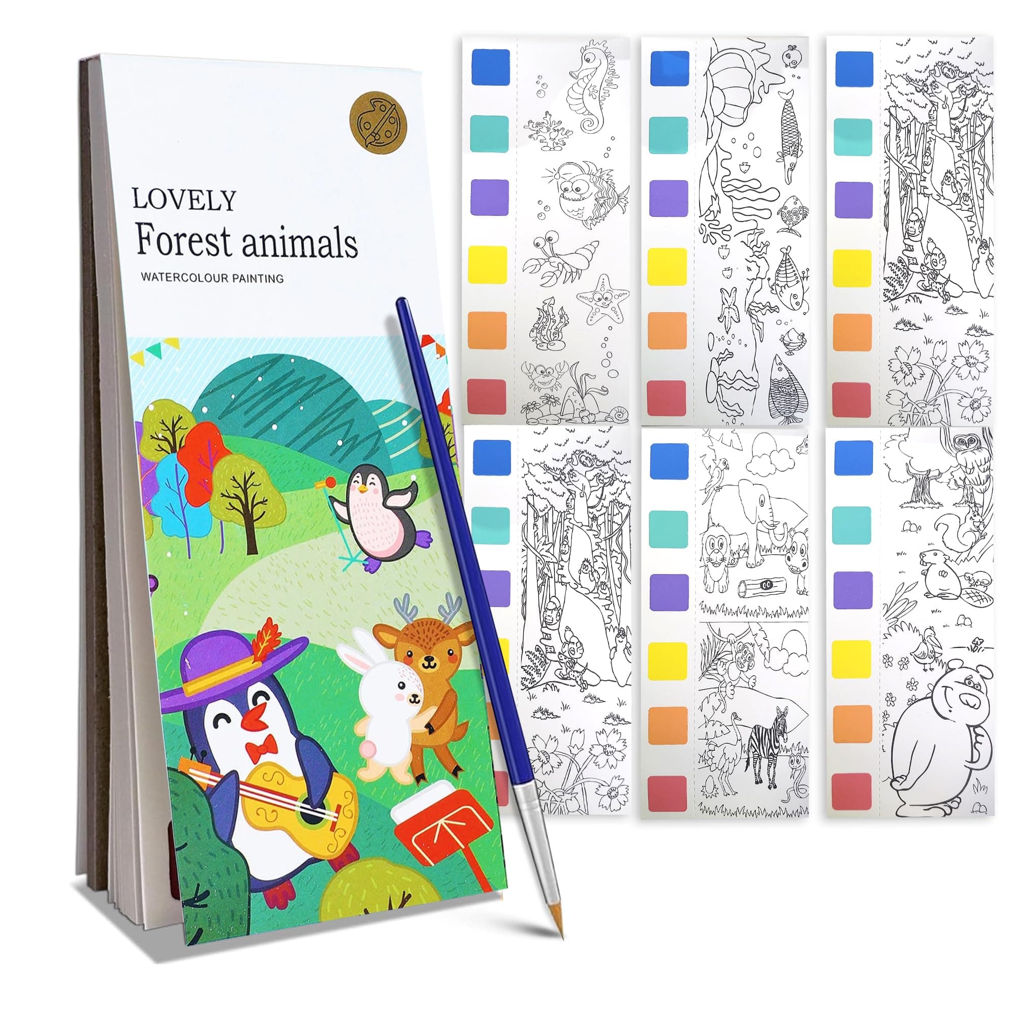 Kidology Pocket Watercolor Painting Book For Babies With 20 Bookmarks Sheets & 1 Brush Early Educational Montessori Toy For 0-3 Years, Boys & Girls - Art Party Favors Travel Activity Portable (Forest)