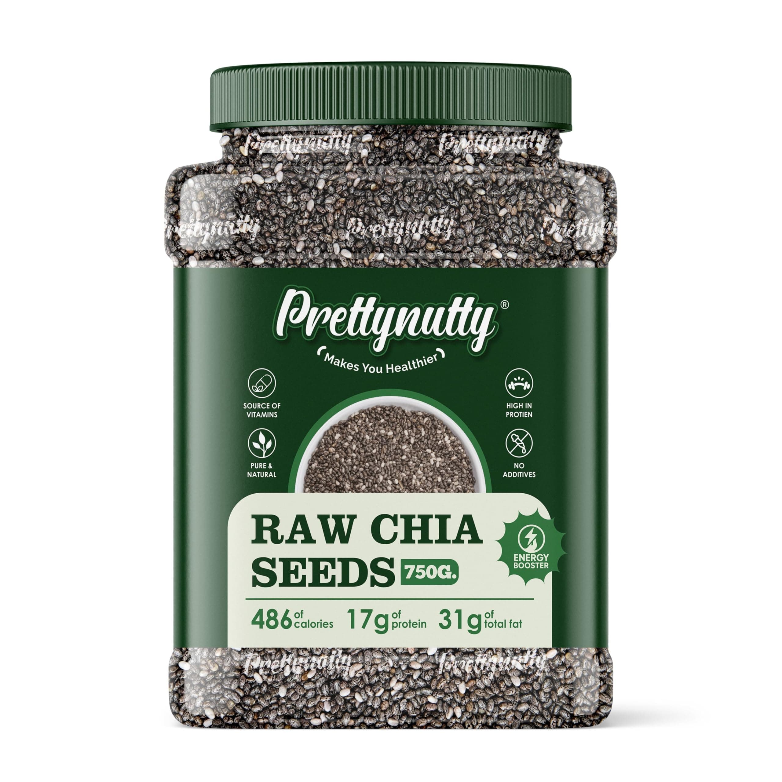 PrettyNutty Chia Seeds – 750g | Raw, Natural & Unroasted | High in Fiber, Omega-3 & Protein | Jar Pack
