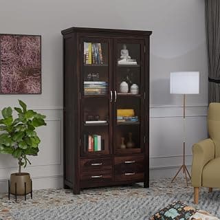 Krishna Wood Decor Wood Big Book Shelf for Home Library | Wooden Bookshelf Cabinet with Acrylic Glass Door Storage | Home Furniture Crockery Kitchen Cabinet | Books Rack for Shelves | Walnut Finish