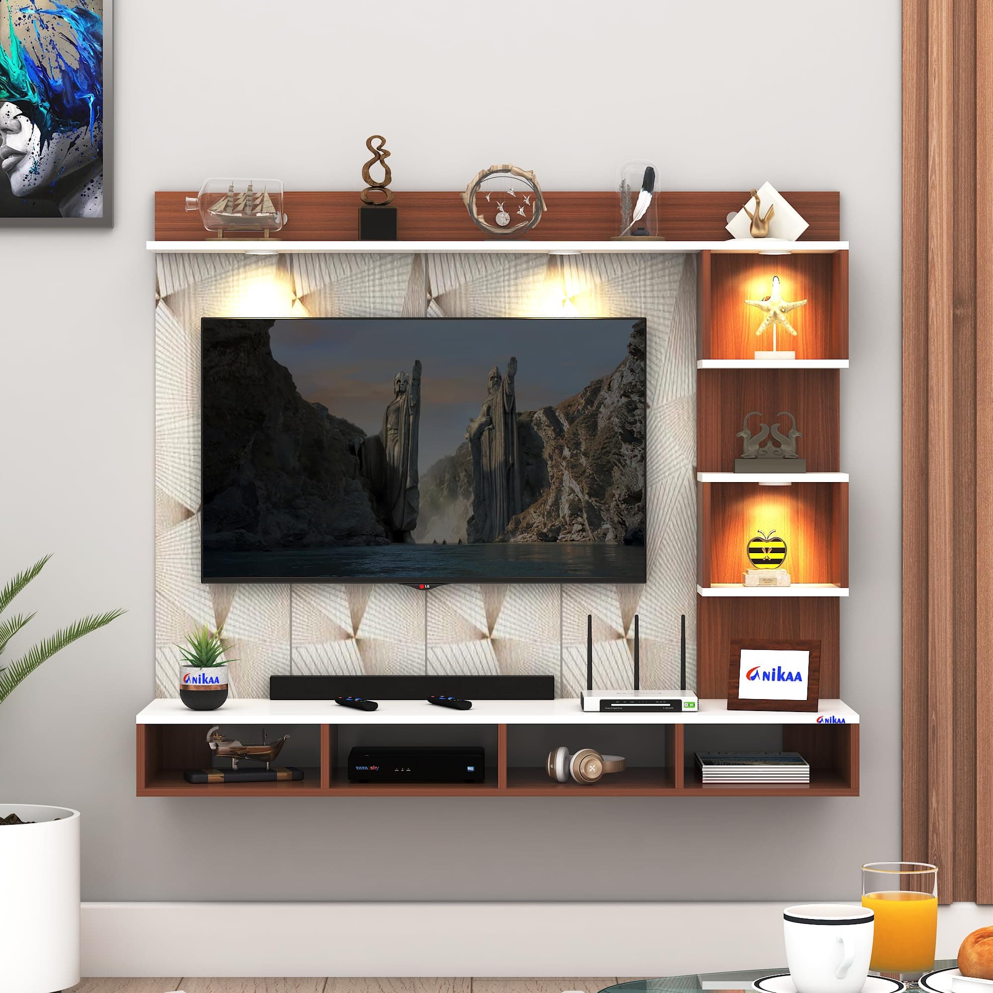 Anikaa Kirina Engineered Wood Wall-Mount TV Unit with PVC Back Panel & LED Lights | TV Cabinet with Storage Box & Decorative Shelves (Walnut/White) | Ideal for TVs up to 55 Inch | DIY Installation
