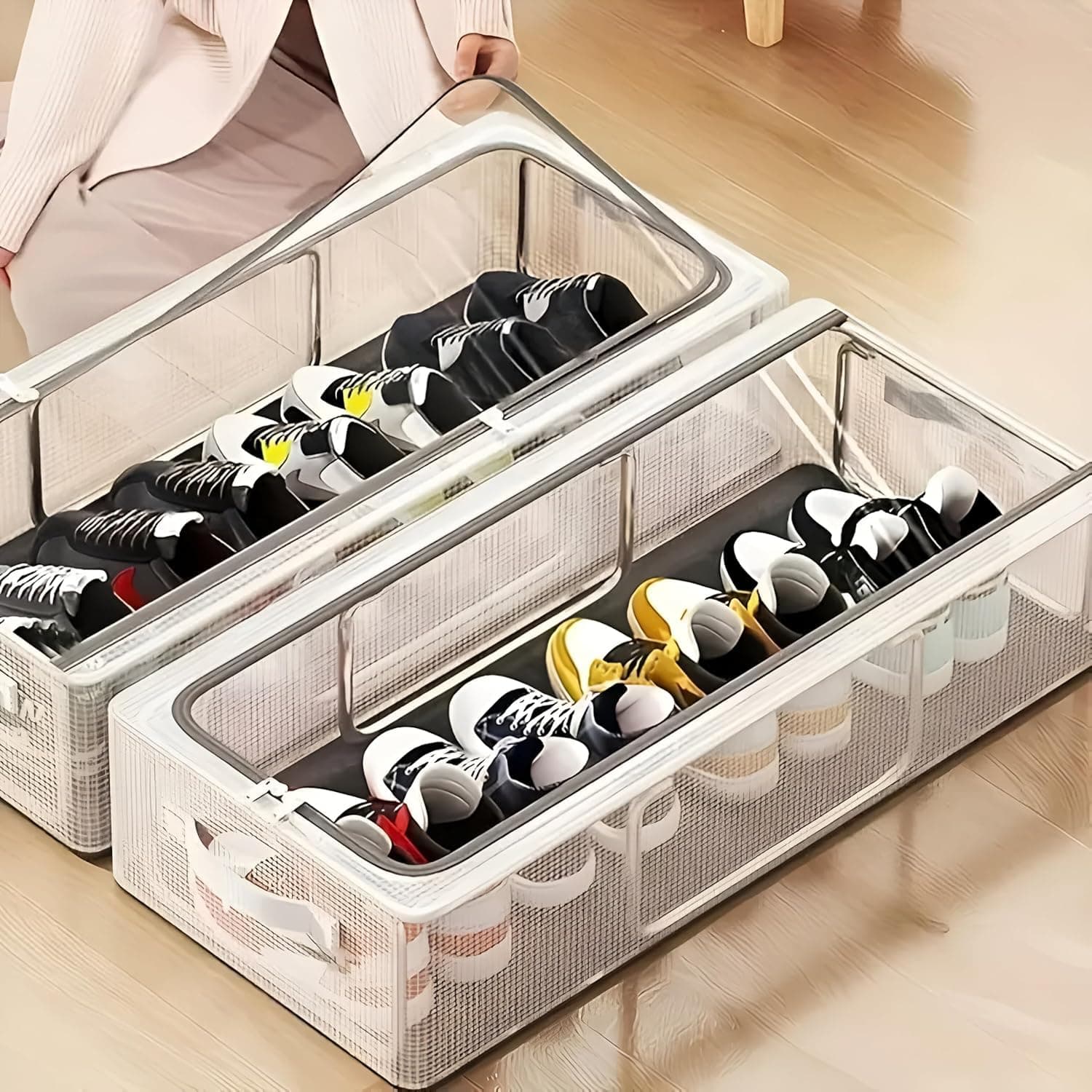 Carrot - Shoe Storage Box, Shoe Organizer for Closet, Clear Plastic Stackable Shoe Boxes, Space Saving Foldable Sneaker Shoe Rack Containers Bin Holder (1), 60 x 30 x 15 Cm (PACK OF 3)