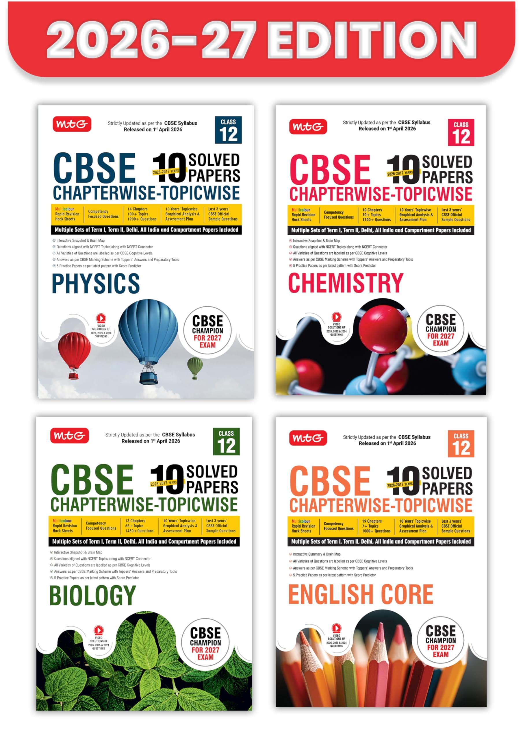 MTG CBSE Class 12 PYQs Book | 10 Years (2026-2017) Chapterwise Topicwise Solved Papers Class 12 Physics, Chemistry, Biology, English (Set of 4) - CBSE ... | CBSE Sample Papers (As Per Latest Pattern)