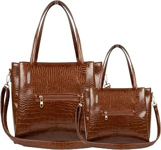 Generic AVÉRAA Croco Texture 2-in-1 Handbag Set for Women | Medium Handbag + Sling Bag Combo | Synthetic Leather Shoulder Bag | 17 x 9 x 6 Inch Spacious Ladies Purse | Office, Travel & Daily Use | Tan