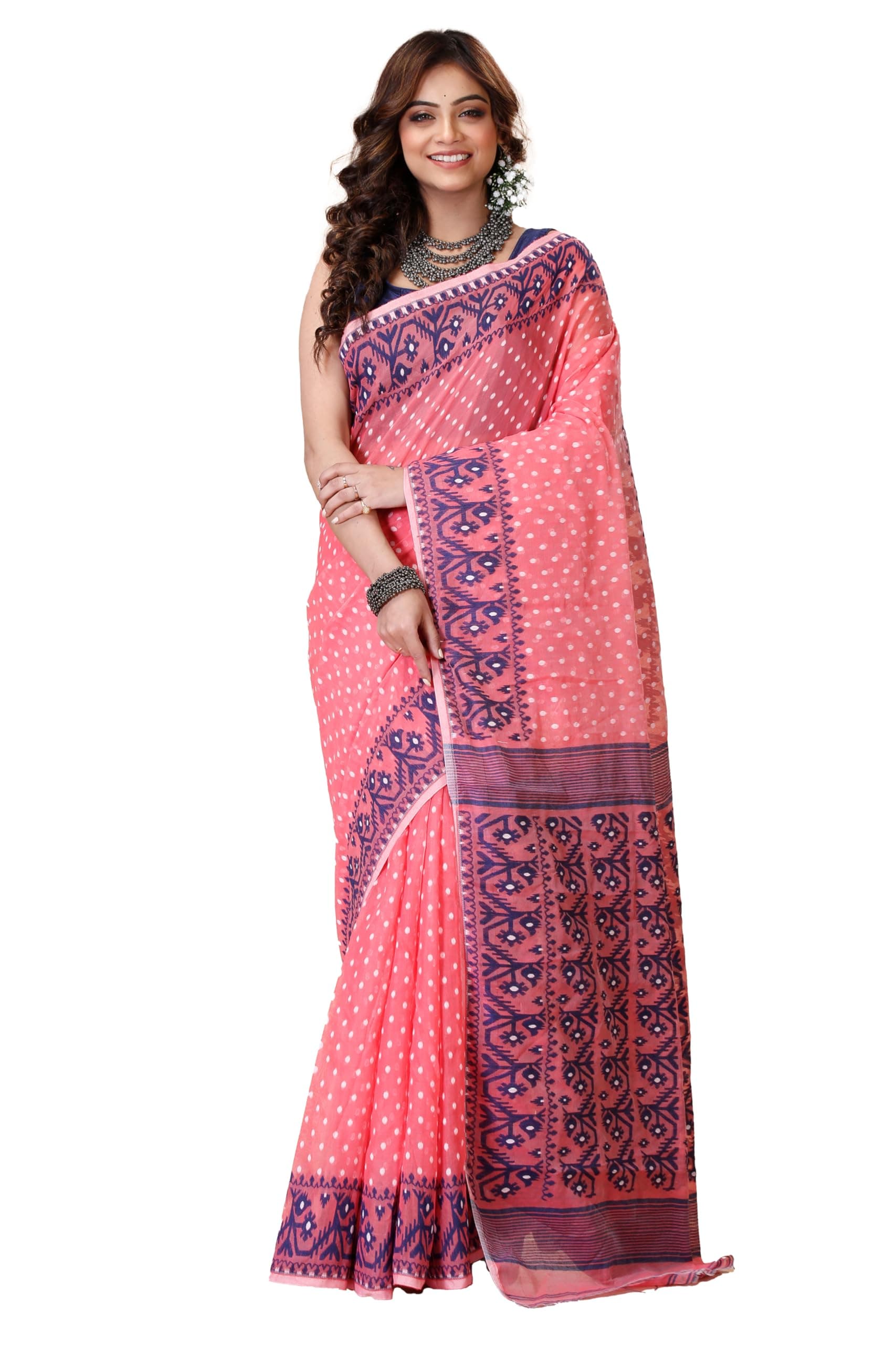 Tant Vastra Women’s Soft Resham Dhakai Ball Work Jamdani Saree without Starch And Without Blouse Piece (Steel)