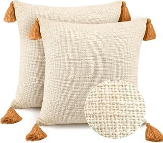 Pack of 2 Classic Decorative Cream Base Textured Pillow with Chenille Loop Fringe Tassels in Peanut Color. Pure Cotton Fabric with Boho Style Cushion Covers(Size :18X18 Inch), 46x46 CM, Light Brown