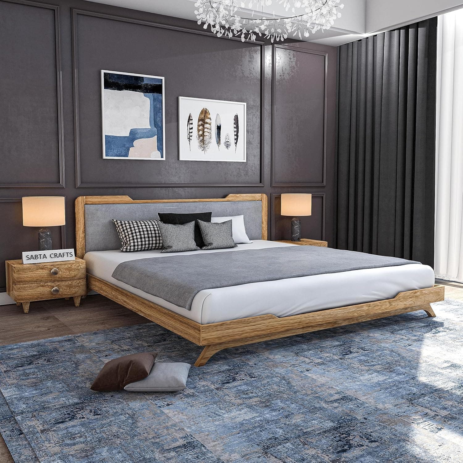 SABTA Craft Solid Sheesham Wooden Low Height Queen Size Bed Without Storage | Wooden Double Bed | Low Floor/Lying/Rise/Level/Profile Cot with Cushioned Headboard | Rosewood, Brown & Grey Cushion