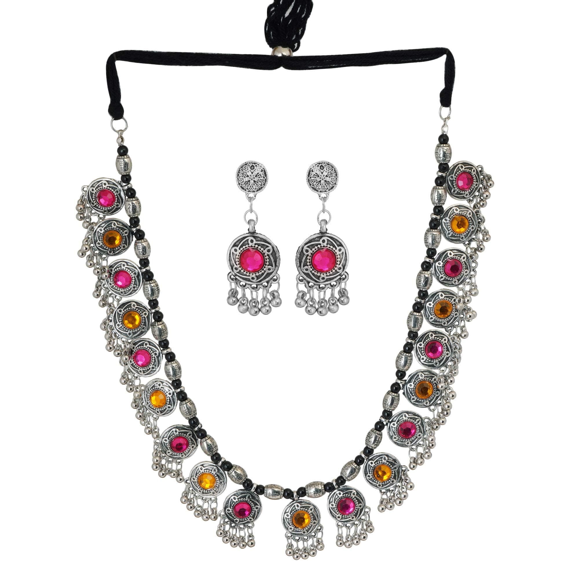 Shreyadzines Exclusive German Silver Oxidized Traditional Latest Fashion Choker Stone Necklace with Earrings Jewellery Set for Women and Girls