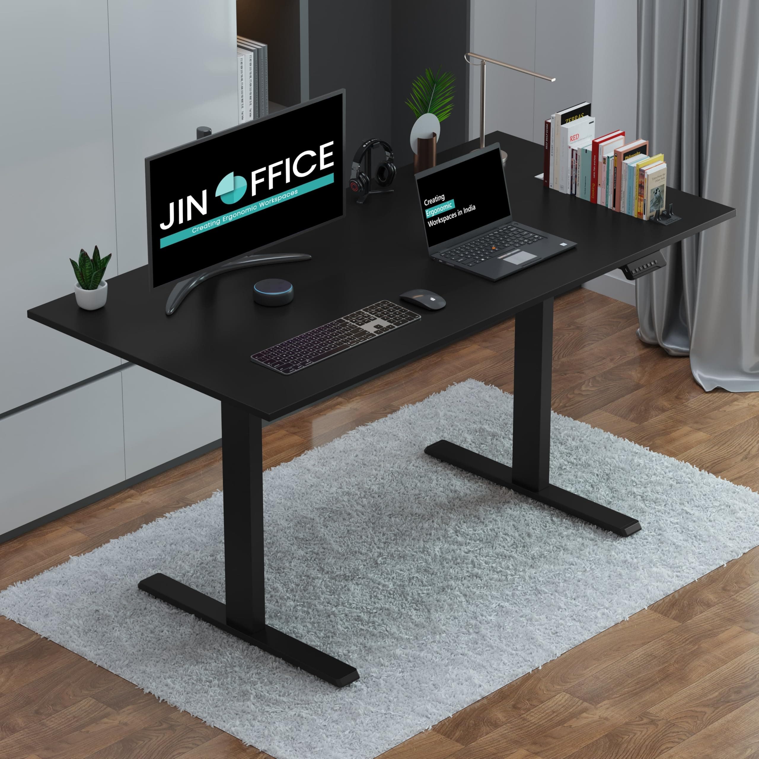 JIN OFFICE Zenith Electric Height Adjustable Table| Standing Desk with 100 Kg Wt. Capacity & 3 Year Warranty| Ergonomic Desk| Sit Stand Table with 3 Memory Preset| Black & Black|1500X750mm/25MM Thick