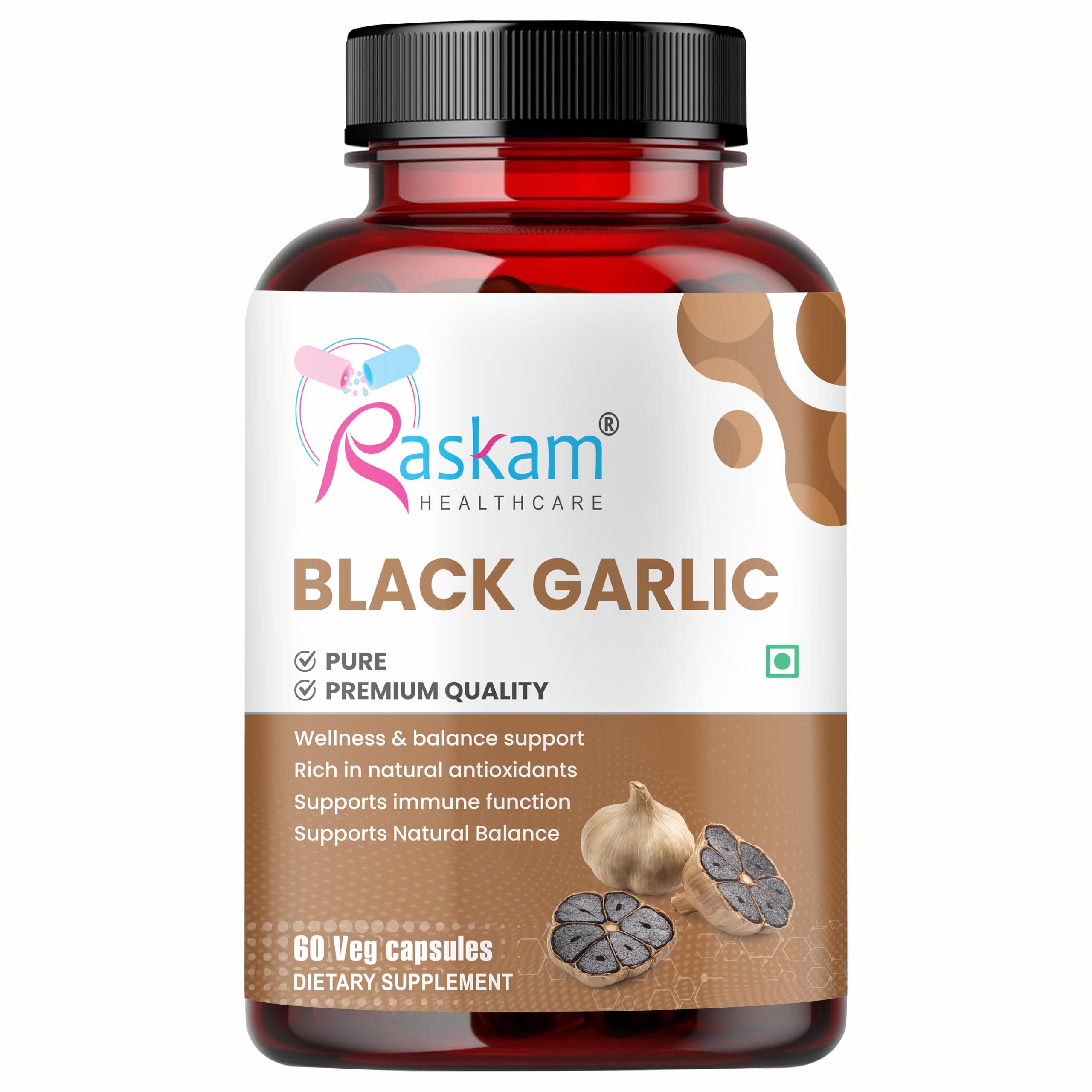Raskam Black Garlic Capsules, Natural Superfood, 60 Veg Capsules, Improves Heart Health, Boosts Immune System | Natural Superfood, Improves Heart Health, Boosts Immune System