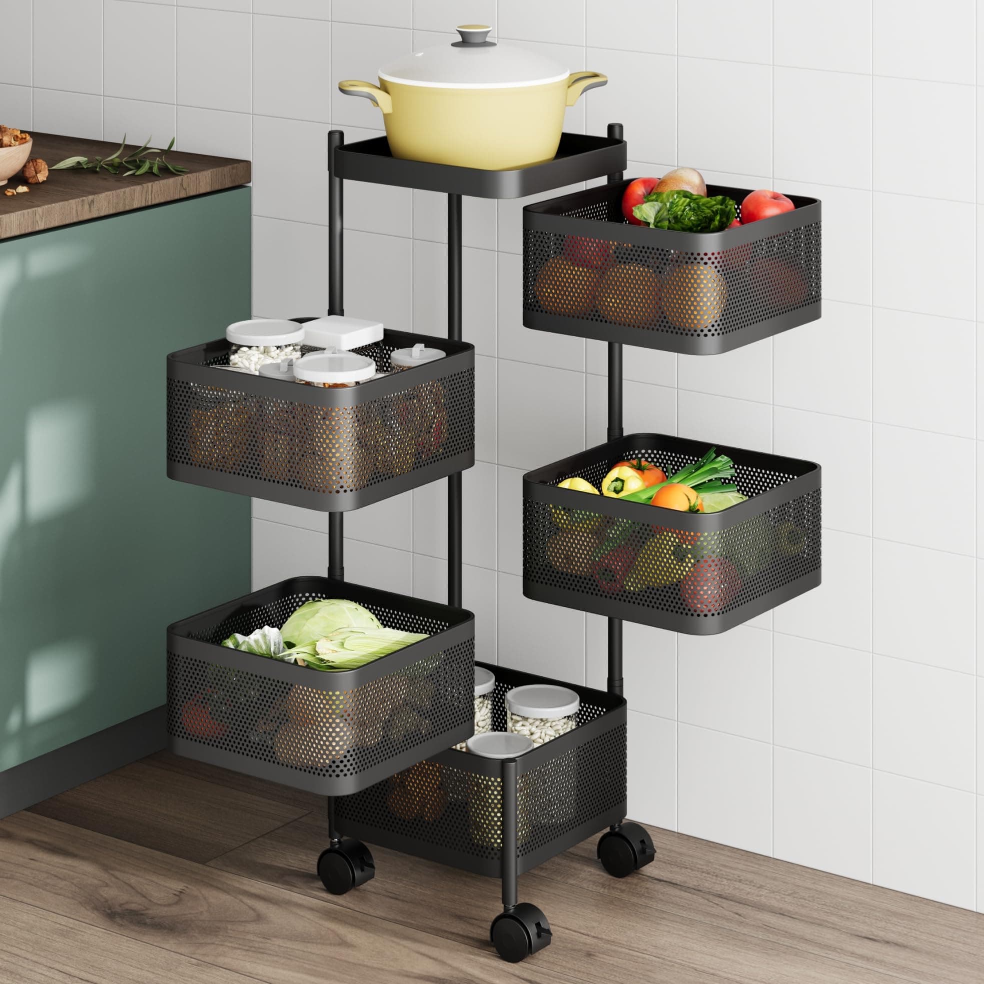 LAPO 5-Tier Kitchen Trolley with Wheels, Metal Vegetable Stand, Onion Potato Rack for Kitchen, Rotating Onion Potato Rack for Kitchen, Vegetable StorageContainer (Square Shape, Black)