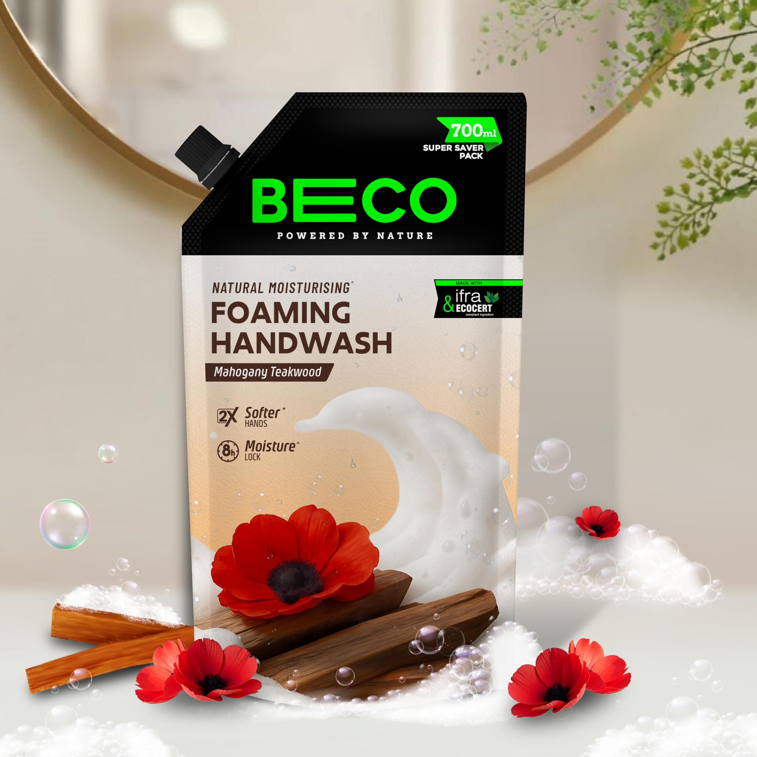 Beco Moisturising Foaming Handwash-Mahogany Teakwood | Refill Pack - 700 ml | 8-hr moisture lock | Natural, Paraben free, Chemical Free | Kills 99.9% germs, Safe for all Skin types