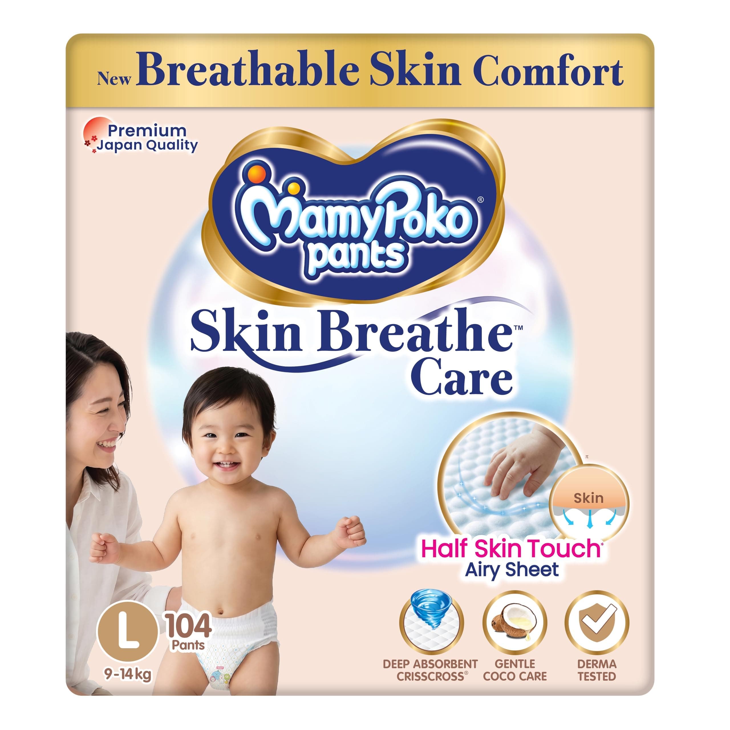 MamyPoko Pants Skin Breathe Care | Baby Diapers Large Size (L) | 104 Count | 9-14Kgs | Half Skin Touch Airy Sheet | 3X Breathable | Derma Tested