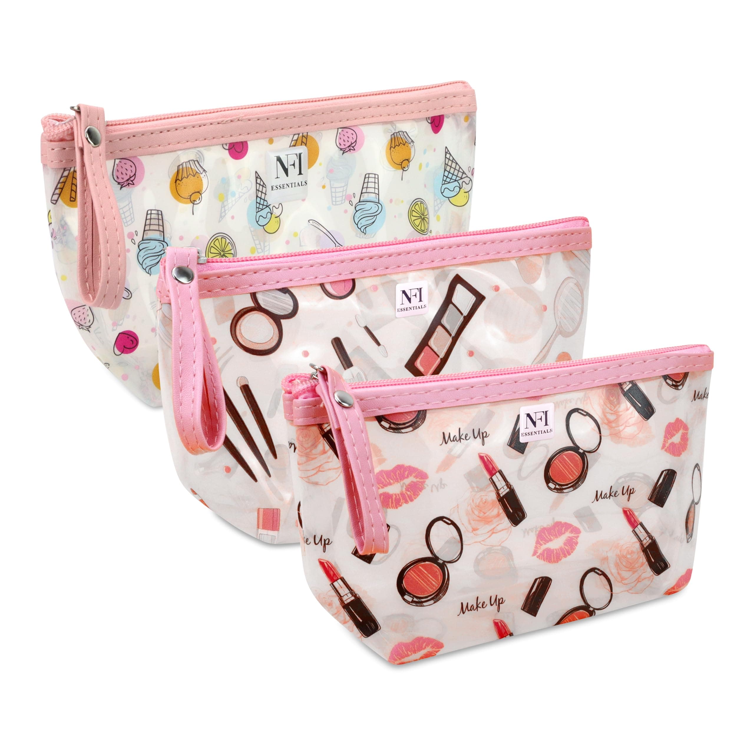 NFI essentials PU Printed Makeup Pouch for Women, Small Transparent Cosmetic Pouch, Stylish Pouches for Makeup Accessories & Travel Organiser (Pink & Dark Pink & Peach)