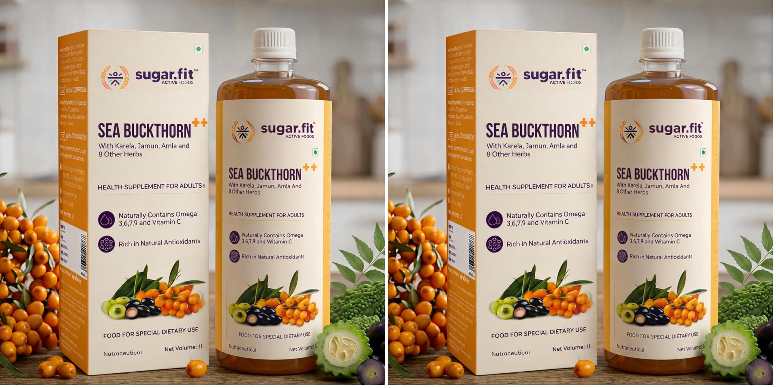 Sugar.fit | Active Food Sea Buckthorn Juice, with Karela, Jamun, Amla and 8 Other Herbs, Rich in Antioxidants, 1 L (Pack of 2)