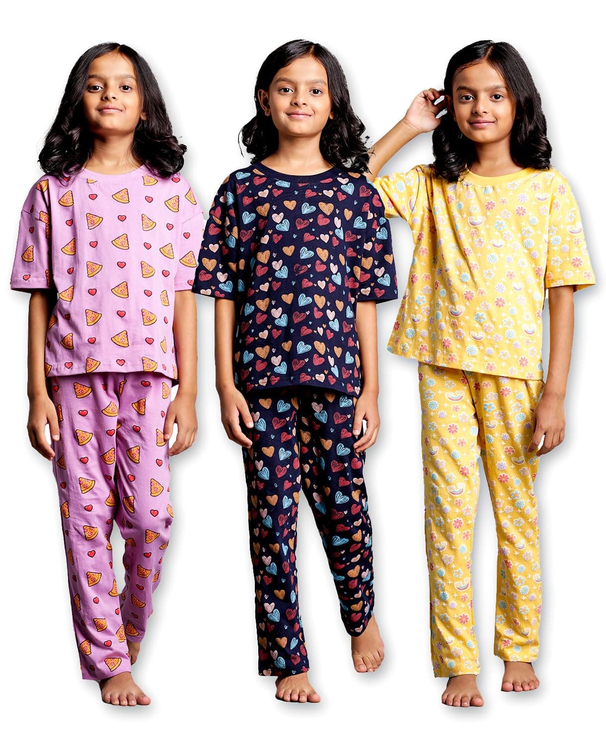 T2F Girls Cotton Printed Pajama Set (Pack of 3)