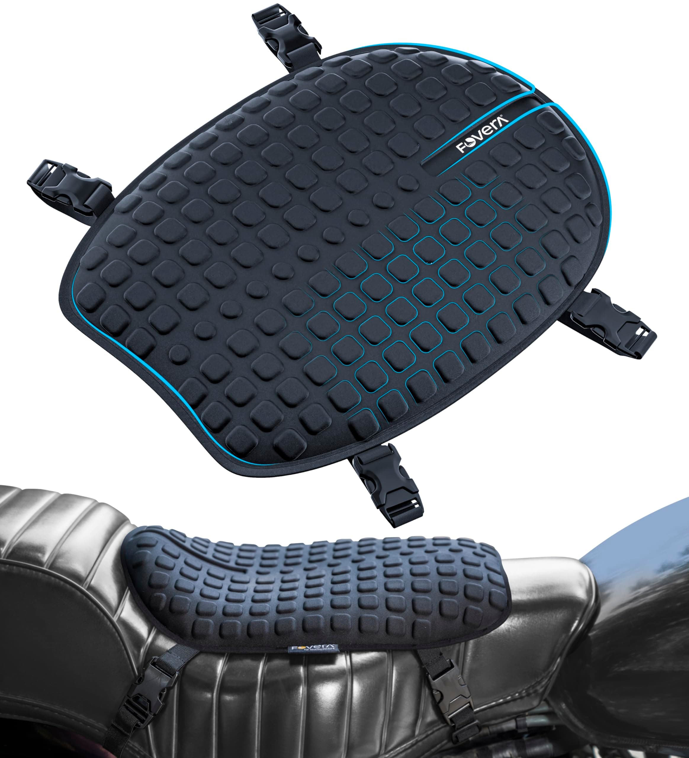 FOVERA Motorcycle Gel Seat Cushion - Supports Sit Bones, Tailbone, and Buttock Muscles - Massaging Gel Absorbs Micro-Shocks and Road Jerks, Suitable for All Motorbikes (Black)
