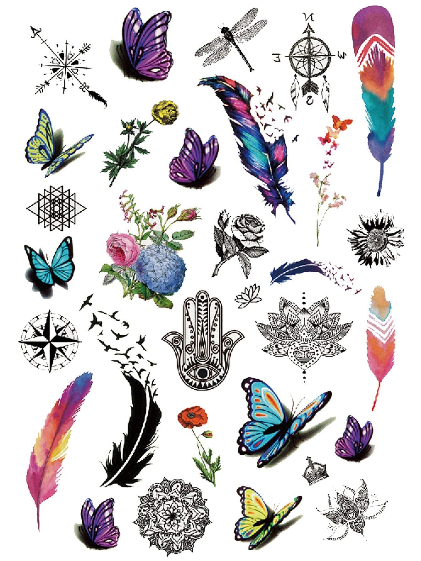 S.A.V.I 3D Temporary Tattoo Colorful Feathers Butterflies Birds Compas Totem Design Size 21x15CM - 1PC.