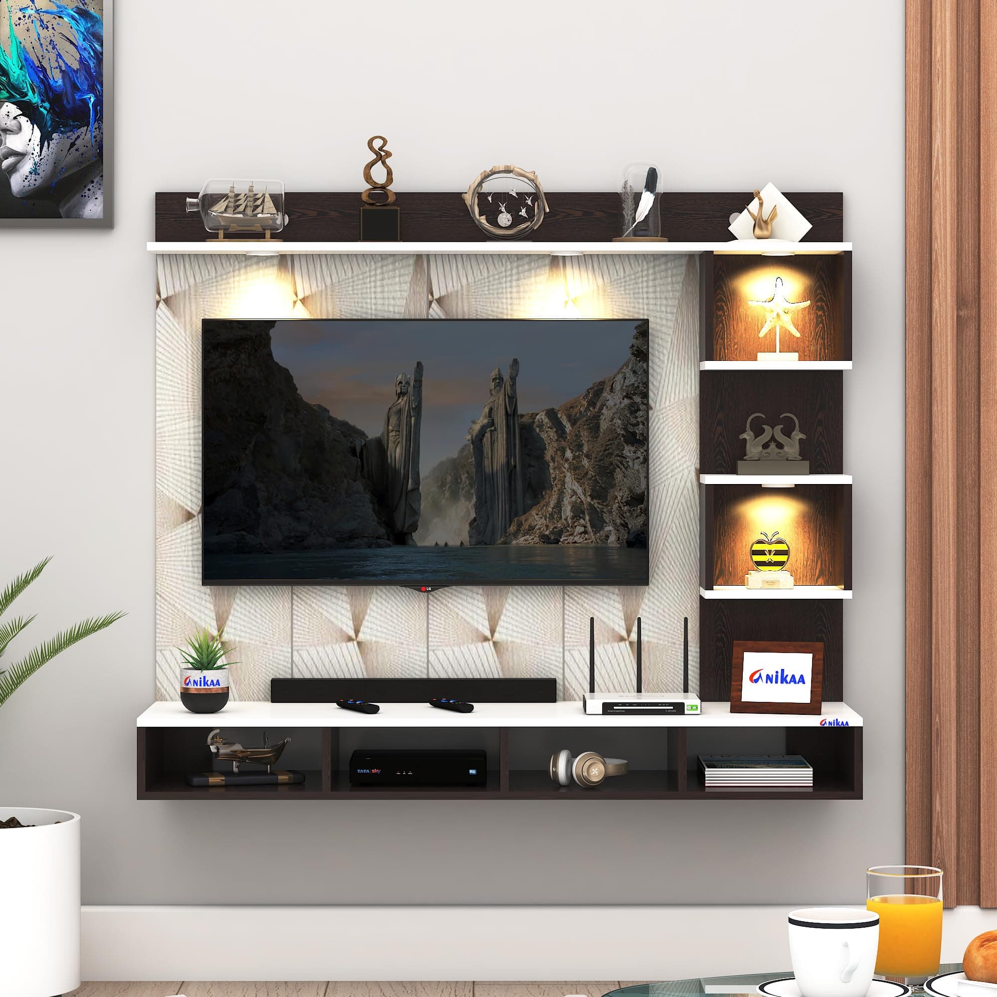 Anikaa Kirina Engineered Wood Wall-Mount TV Unit with PVC Back Panel & LED Lights | TV Cabinet with Storage Box & Decorative Shelves (Wenge/White) ? Ideal for TVs up to 40 Inch | DIY Installation