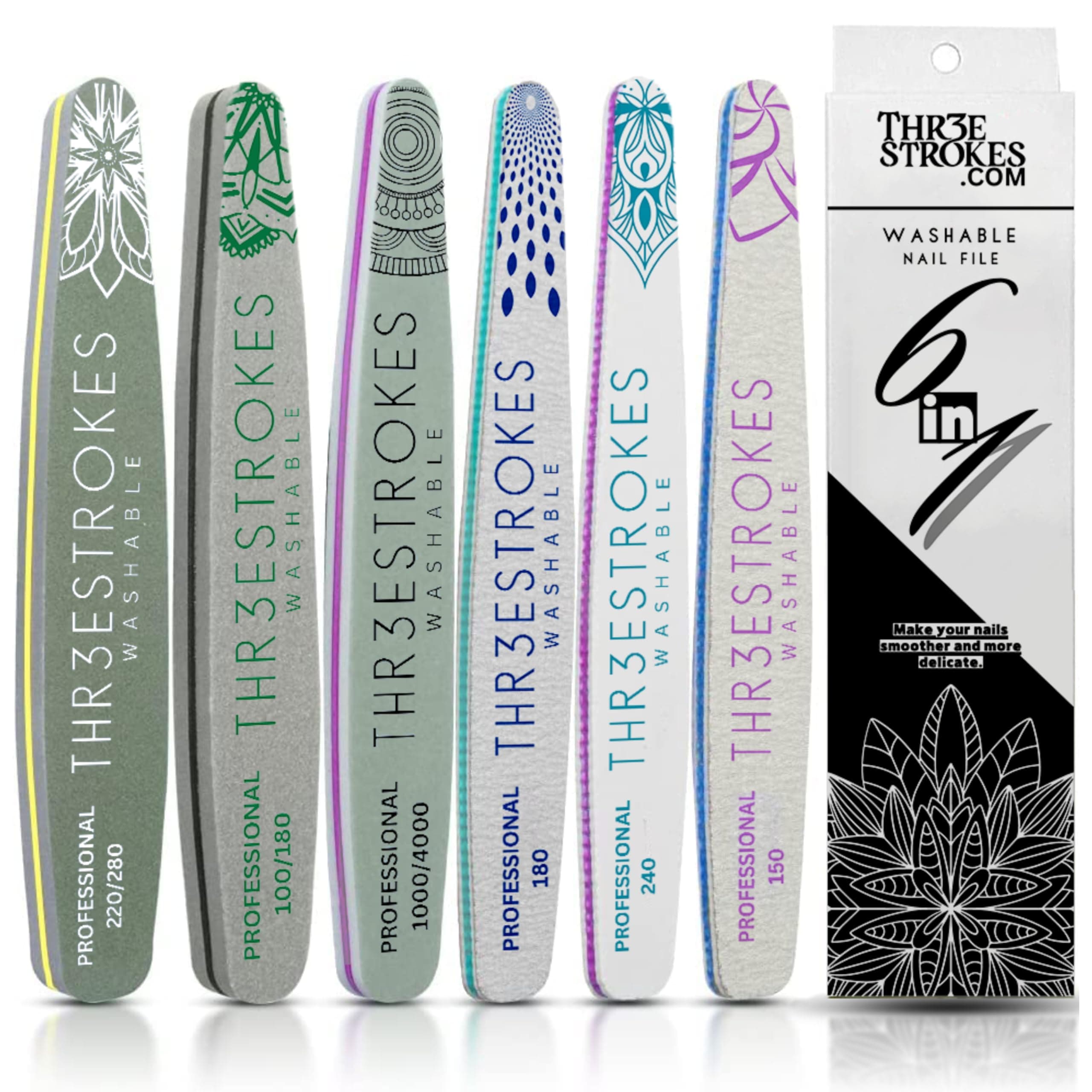 THR3E STROKES 6pc Nail File Set for Manicure, Nail Shaping & Polishing, Double-Sided 100/180 Grit, Orange Sanding Paper
