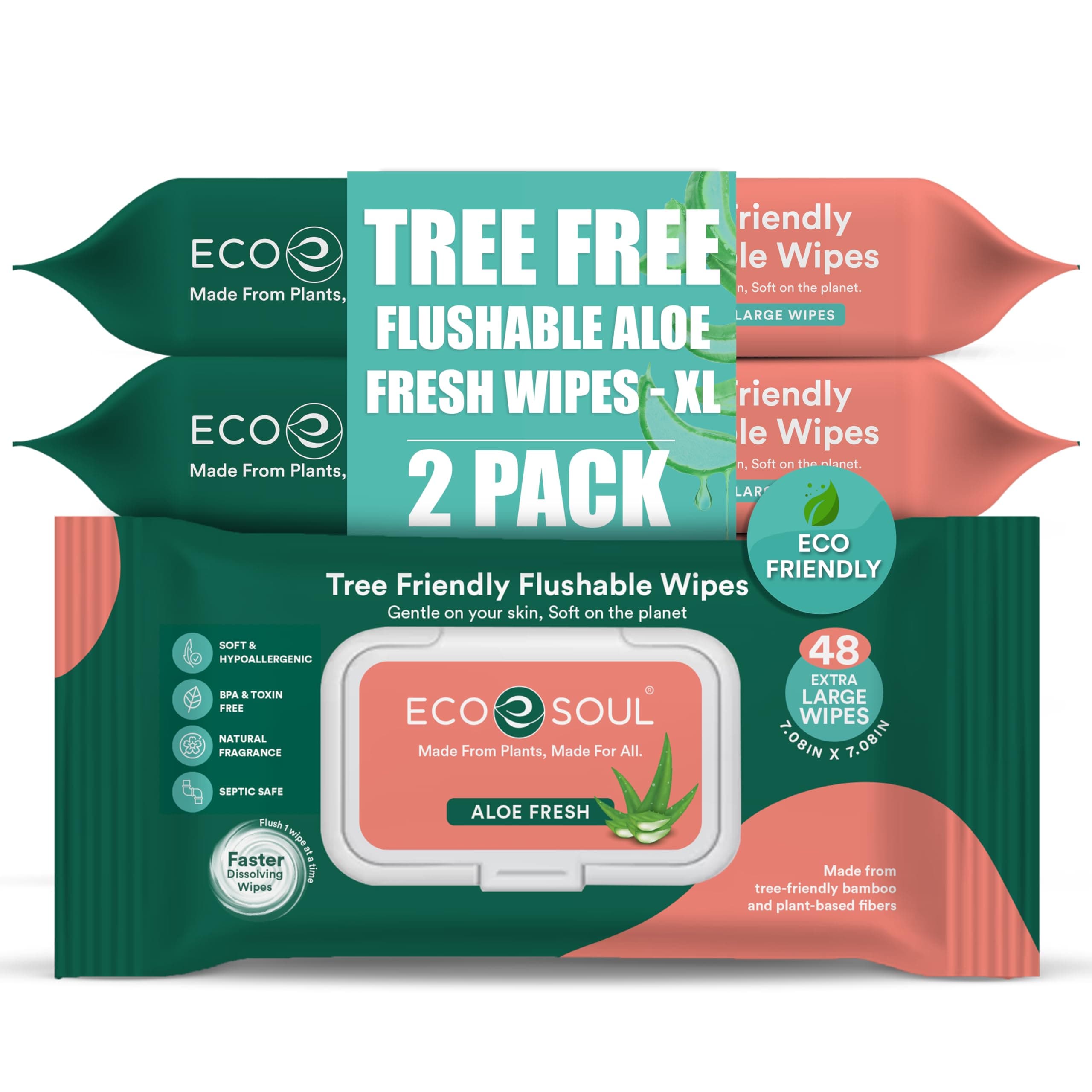 ECO SOUL [Pack of 2, 96 Count] Flushable Extra-Large Adult Wipes-Aloe Fresh| Eco-Friendly Compostable| 99% Purified Water, Hypoallergenic,Soft Wipes, BPA