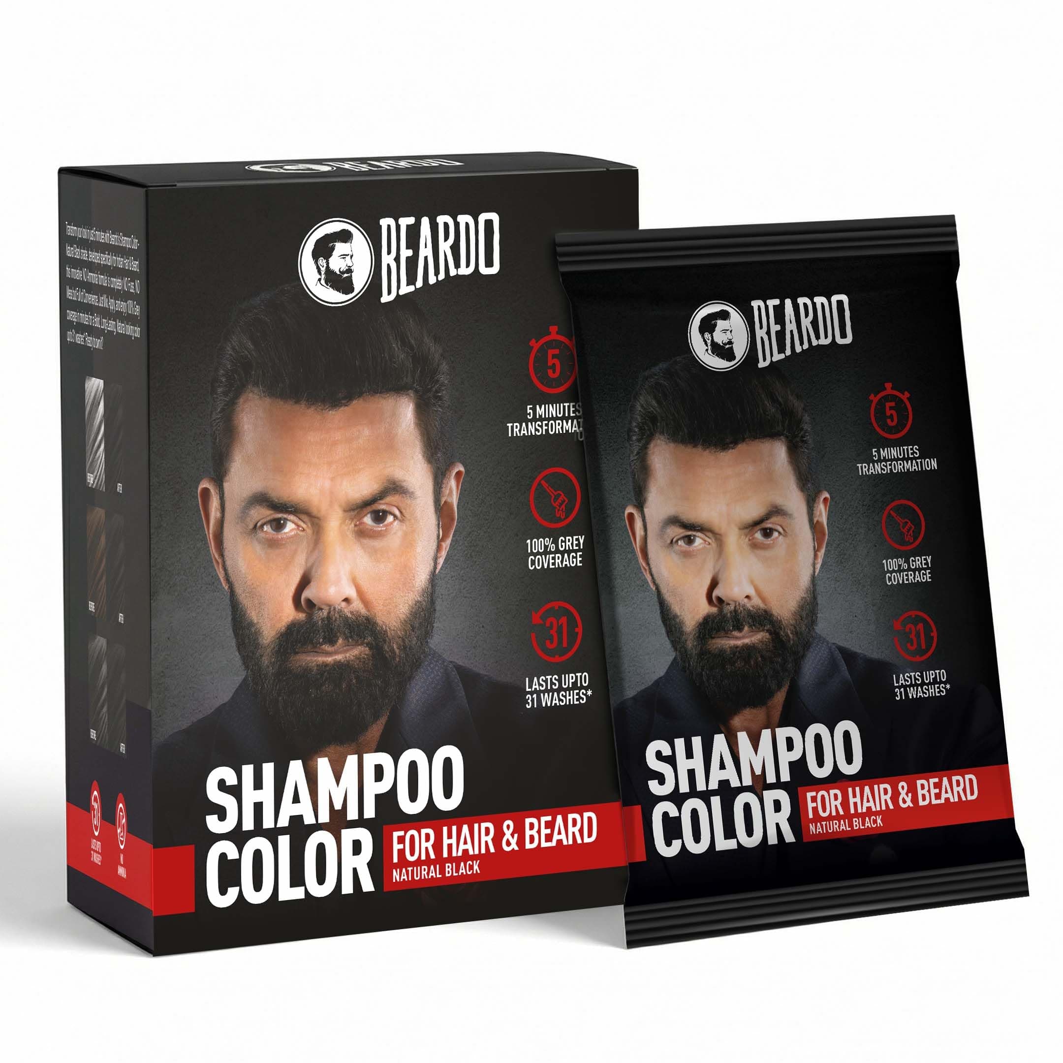 BEARDO Beard & Hair Shampoo Color | Natural Black | 100% Grey Coverage | 5 Minute Hair Colour | Ammonia Free | With Natural Actives | No Stain Beard Colour | 20ml X 5