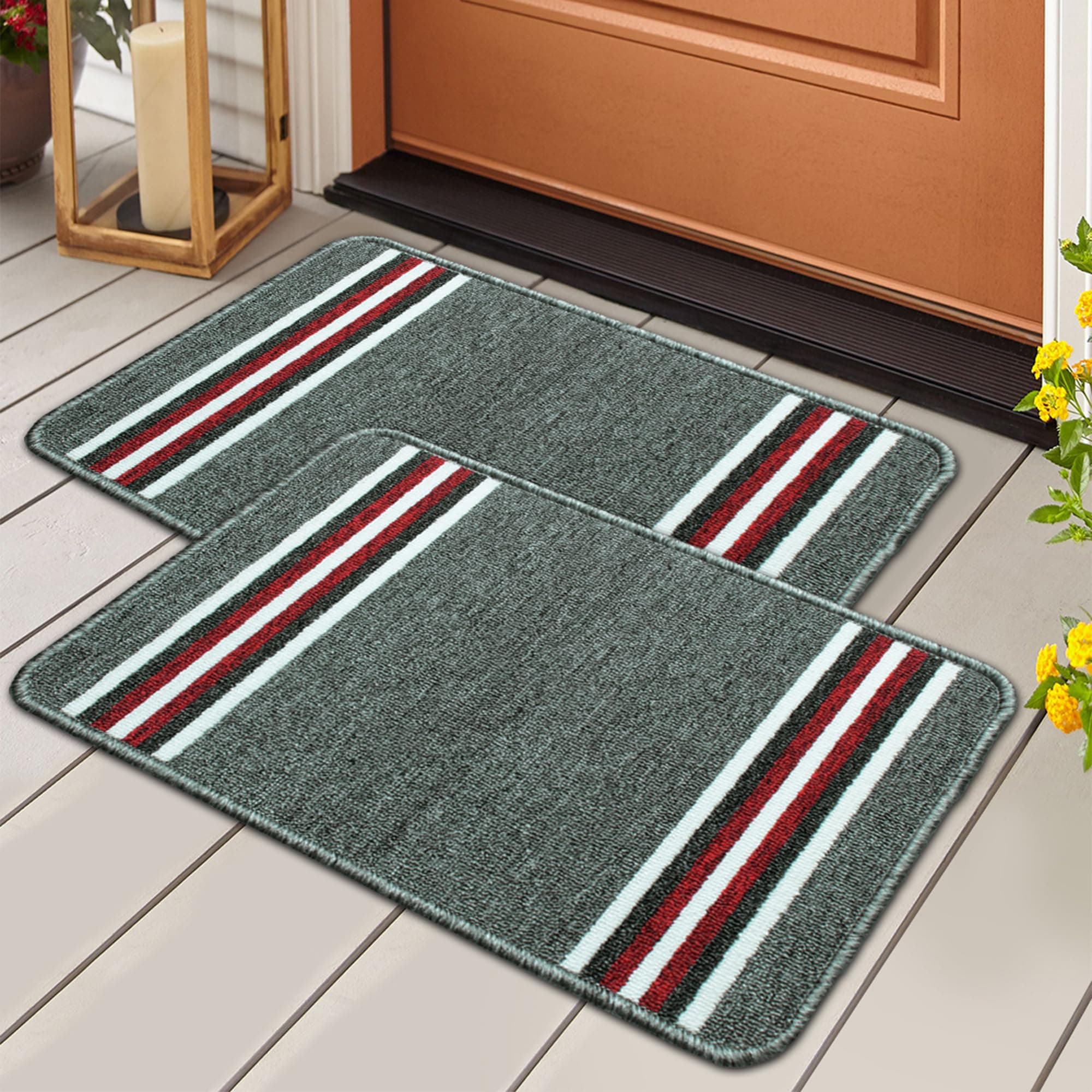 MollisHomes Pack of 2 Nylon Anti Skid Mat for Bathroom | Floor Mat for Bathroom, Kitchen, Bedroom & Office | Light Grey Stripes Design-(37x57cm)