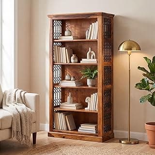 Contemporary Solid Sheesham Wooden Bookshelf | Book Shelf Cabinet for Home & Office Living Room | Pre Assembled Semi Open Bookshelf (Honey Finish)