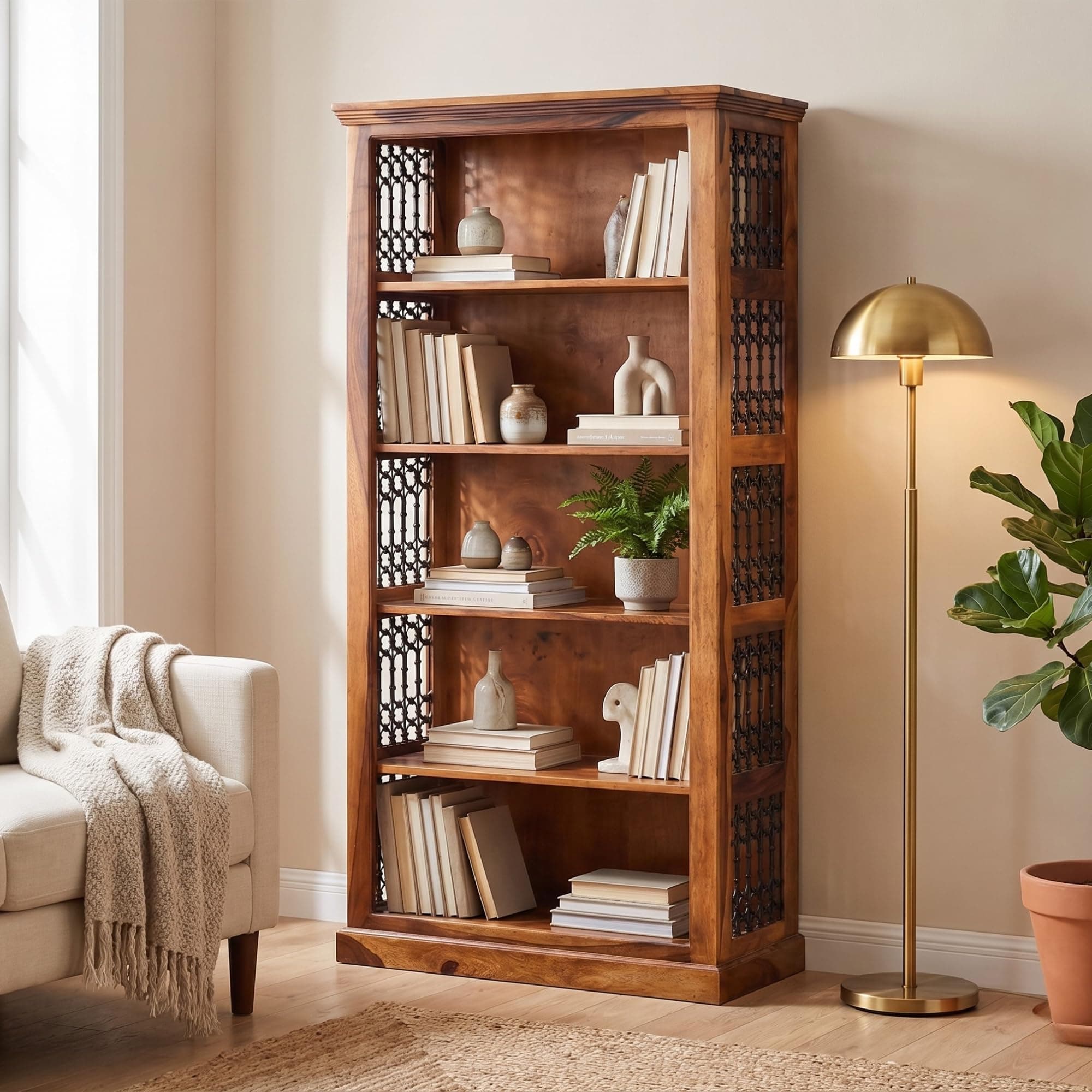 MODERN FURNITURE SHEESHAM Contemporary Solid Sheesham Wooden Bookshelf | Book Shelf Cabinet for Home & Office Living Room | Pre Assembled Semi Open Bookshelf (Honey Finish)