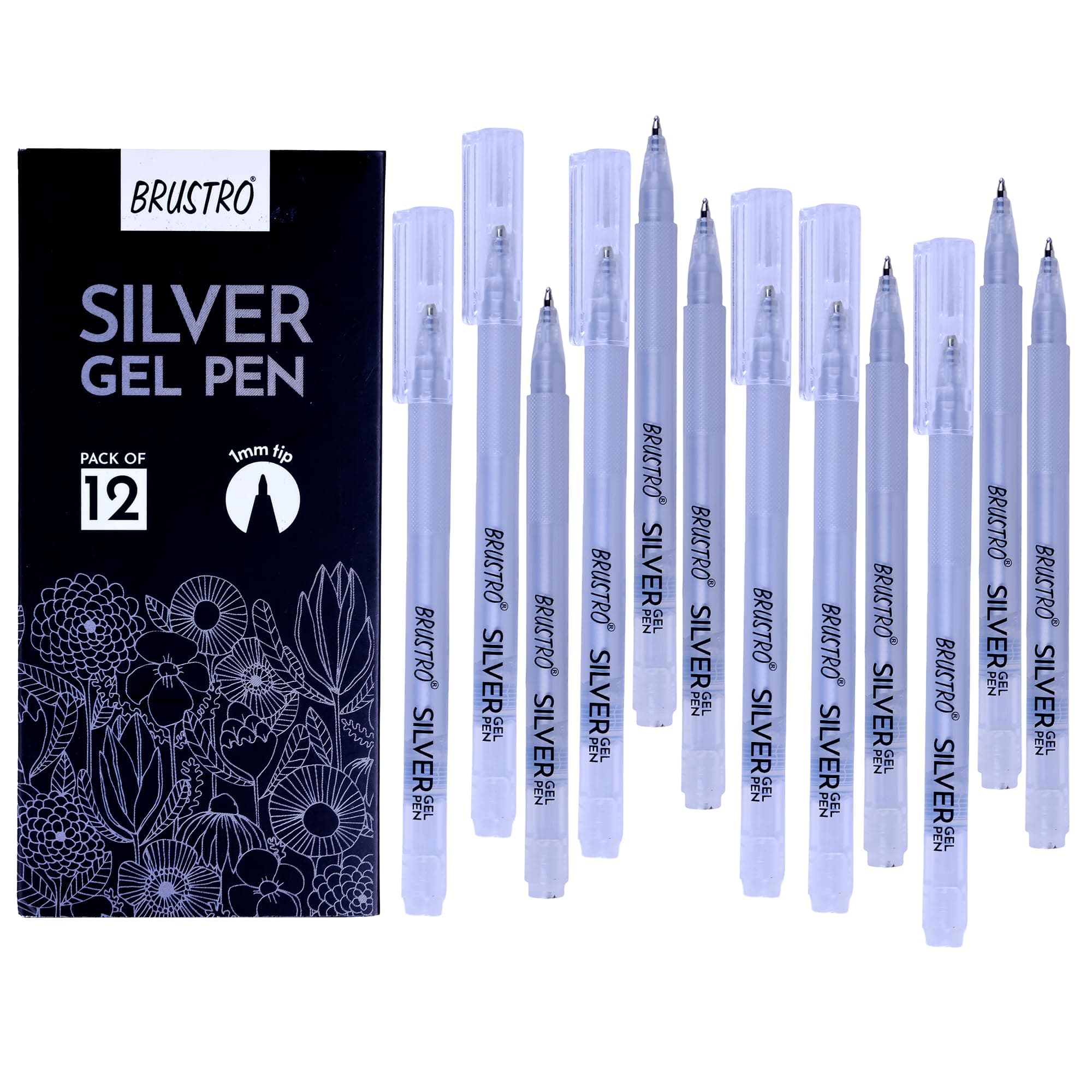BRUSTRO Silver Gel Pen|Pack of 12-1mm Metal Tip,Opaque and Viscous Ink|Ideal For Drawing,Writing,Highlighting,Doodling,Scrapbooking,Mandala Art,Illustration,Fine Art Students and Professionals