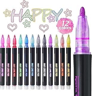 Amitasha 12 Colorful Outline Markers Metallic Glitter Pen Set For Painting, Greeting Cards, Glass, Mug, Scrapbook Crafts, Fabric, Fine Ideal Art