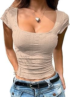 Sugathari Girl's & Women's Beige Eyelet Embroidery Knitted Square Neck Casual Slim Fit Women T-Shirt, Short Sleeve Schiffli Crop Top, Solid Color Tee for Spring/Summer Outfits (Crop Top 195)