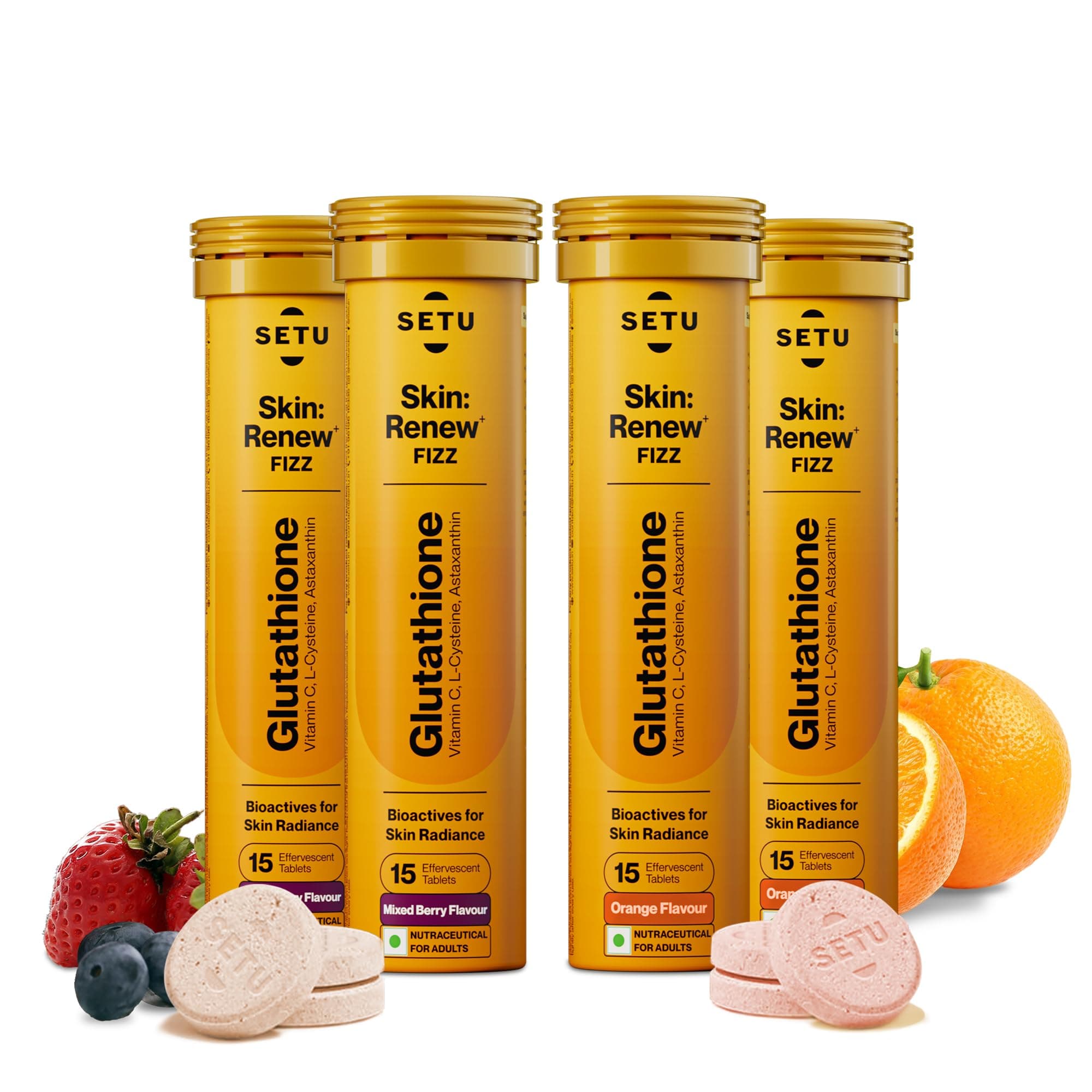 Setu Skin Renew Glutathione Tablets for Glowing Skin | 60 Effervescent Tablets with 500mg L-Glutathione & Vitamin C | Antioxidant, Skin Glow Supplement for Clear Skin | Mixed Berry & Orange, Pack of 4
