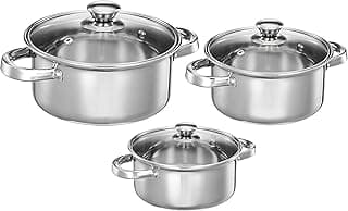 Amazon Solimo Set of 3 Stainless Steel Casseroles | Glass Lid | Flat Bottom | Dishwasher-Safe | 16 cm, 18 cm, 20 cm | 2.3 Liter, 3 Liter, 1.7 Liter | Silver