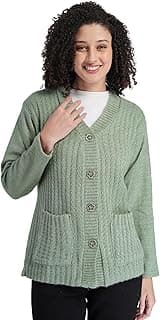 MANRA Women's Woolen V-Neck Buttoned Full Sleeve Cardigan Self Design Soft Wool Fabric Winter Wear Pure Wool Sweater Fully Warm with Front Pockets Stylish Outdoor and Office Wear Sweater (Pista Green)