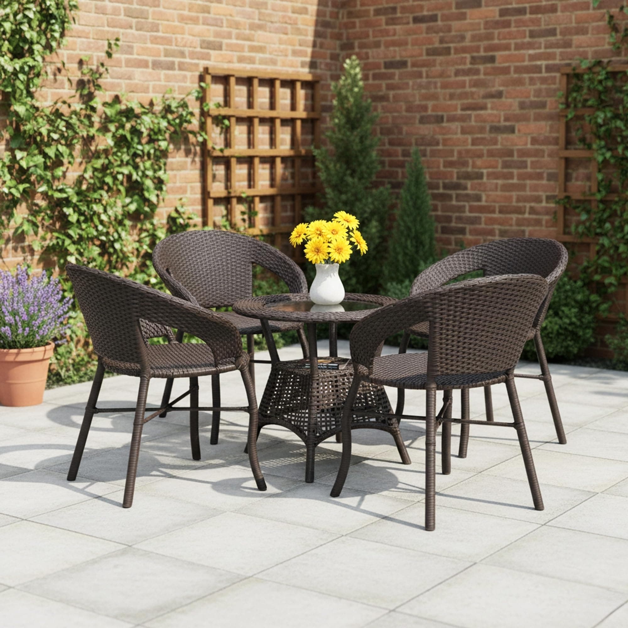 DEVOKO 5-Piece Outdoor Rattan Wicker Patio Bistro Set For Garden, Backyard, Balcony, Porch, Poolside Furniture With Dark Brown All-Weather Wicker And Glass Top Table (Dark Brown), (58 X 46 X 79Cm)