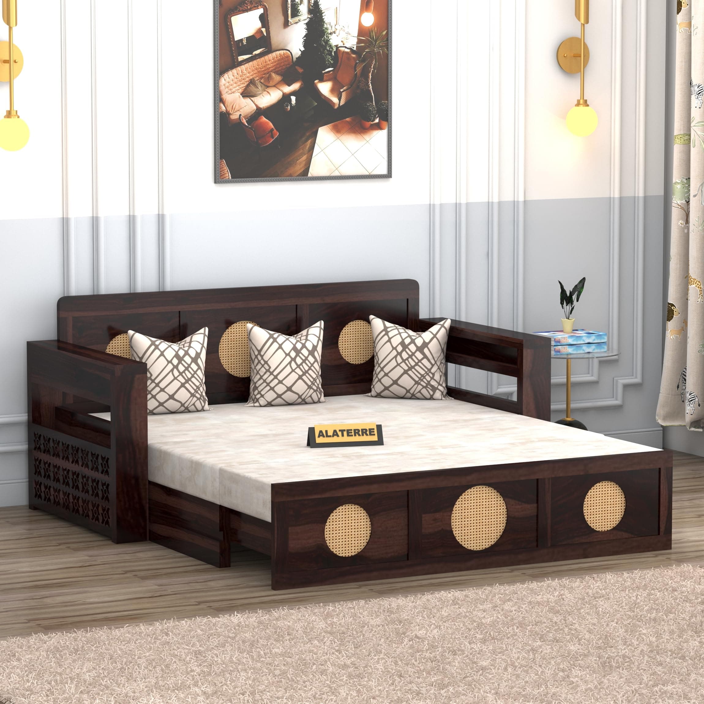 ALATERRE Solid Sheesham Wood Sofa Cum Bed for Living Room | Wooden Day Bed with Side Arms & Storage Drawers | 3 Seater Sofa Converts into Bed | (Walnut Finish)