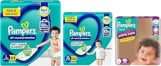 Pampers Active Baby Taped Diapers & All round Protection Pants, Extra Large size baby Diapers, (XL) 56 Count Lotion with Aloe Vera & All round Protection Pants, Large size baby Diapers