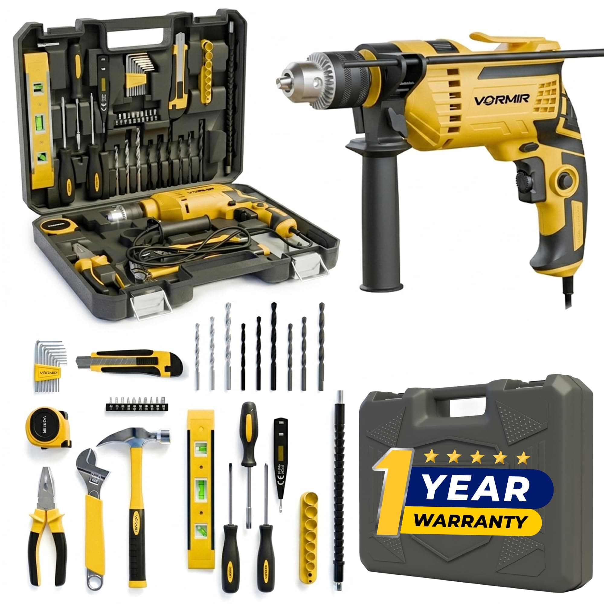 IBELL VORMIR TD13-120 650W Professional Tool Kit with Impact Drill– 13mm Chuck, Copper Armature, 2800 RPM, 145-Piece Yellow DIY, Home Repair & Maintenance Hand Tools & Accessories Set