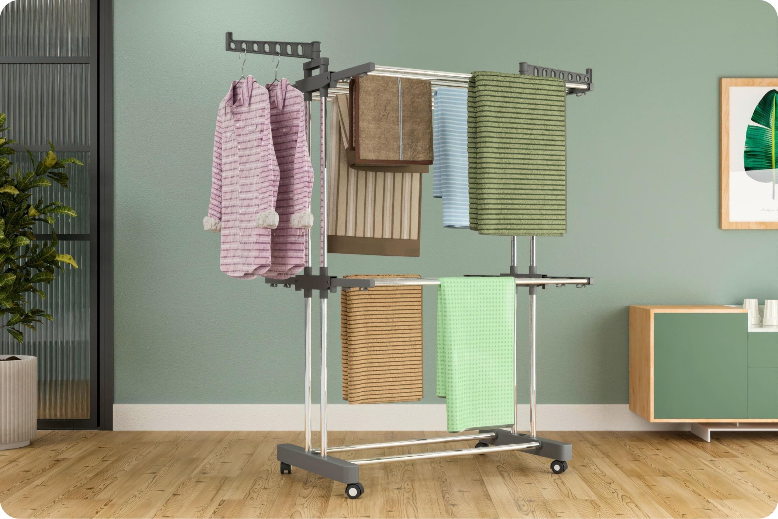 Amiraj Premium Stainless Steel Clothes Drying Stand | 2 Tier 2 Pole Foldable Laundry Rack with Wheels & Sock Holder | Heavy Duty Indoor & Outdoor Cloth Dryer for Balcony, Terrace & Home - Gray
