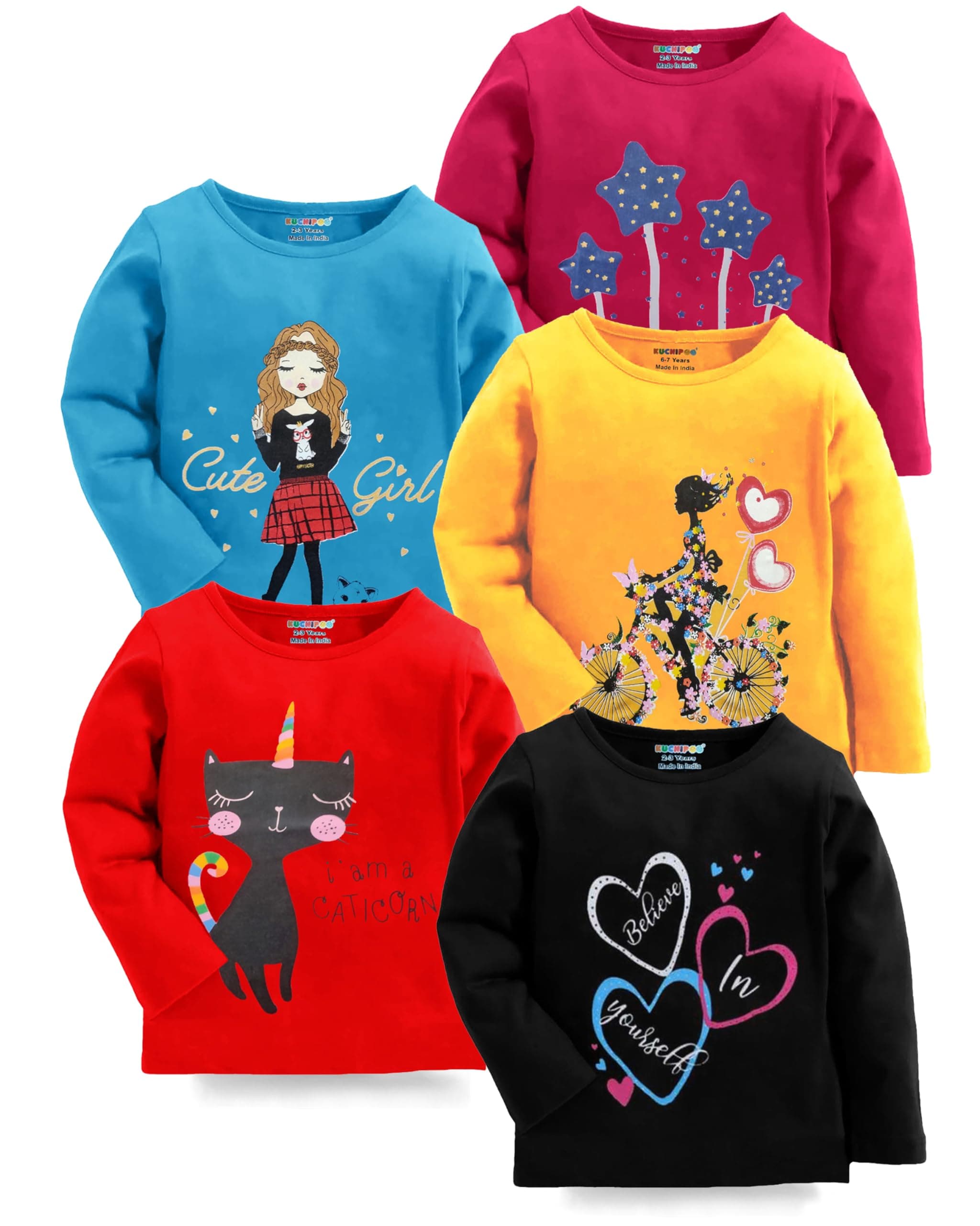 Kuchipoo Girls Cotton T-Shirt - Combo of 5, Multicolored (KUC-TSHRT-131)