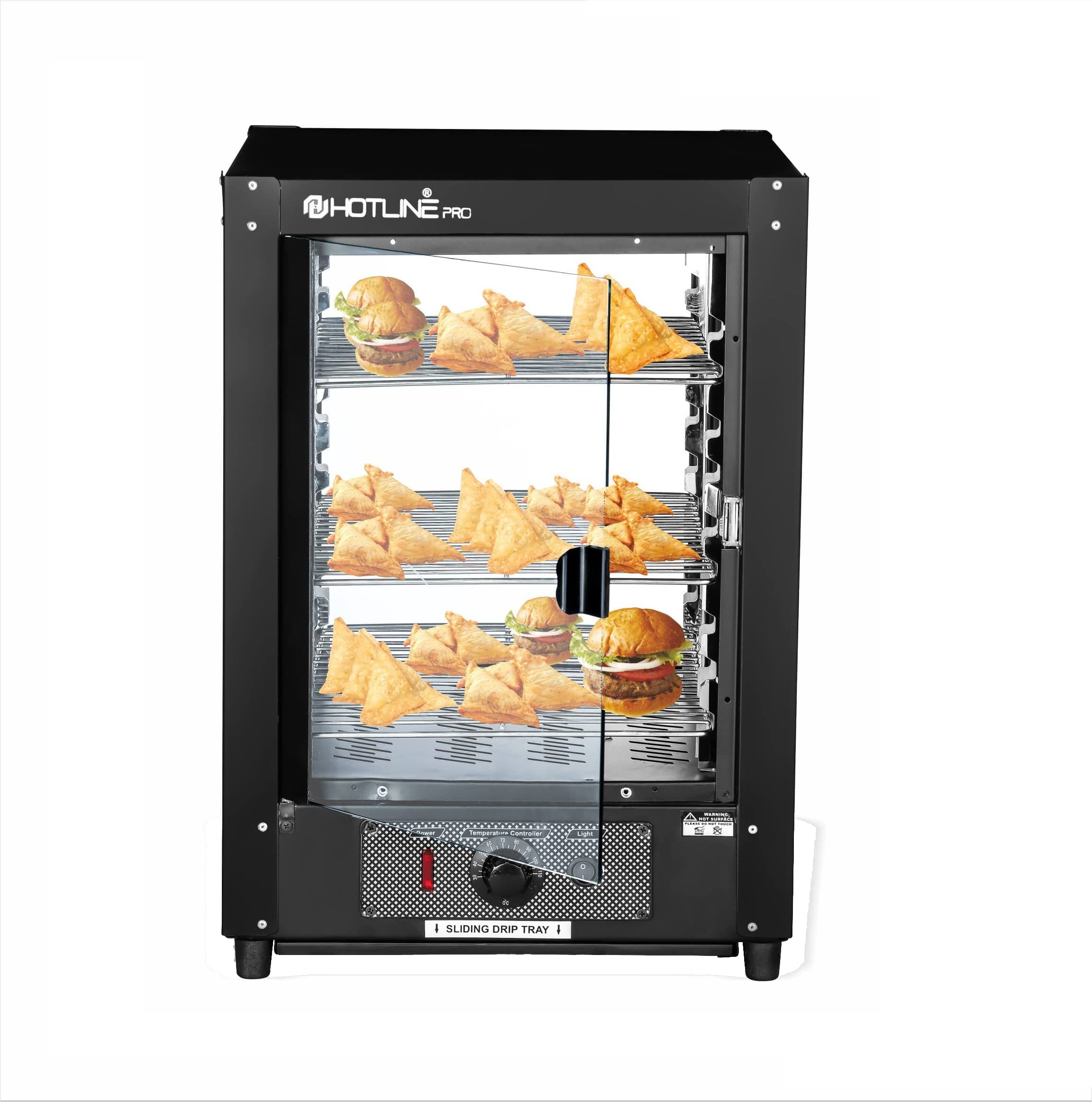 HOTLINE PRO Electric 600W Food Display Warmer 50 Liters Hot Case | Commercial Food Pizza Pastry Patty Catering Hot Box Countertop Warmer Case 3 Layers - Full Black