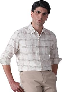 MUFTI Men Smart Casual Shirt | Slim Fit Spread Collar Checkered Design | Polyester Linen Blend with Dobby Weave | Convertible Sleeves & Curved Hemline
