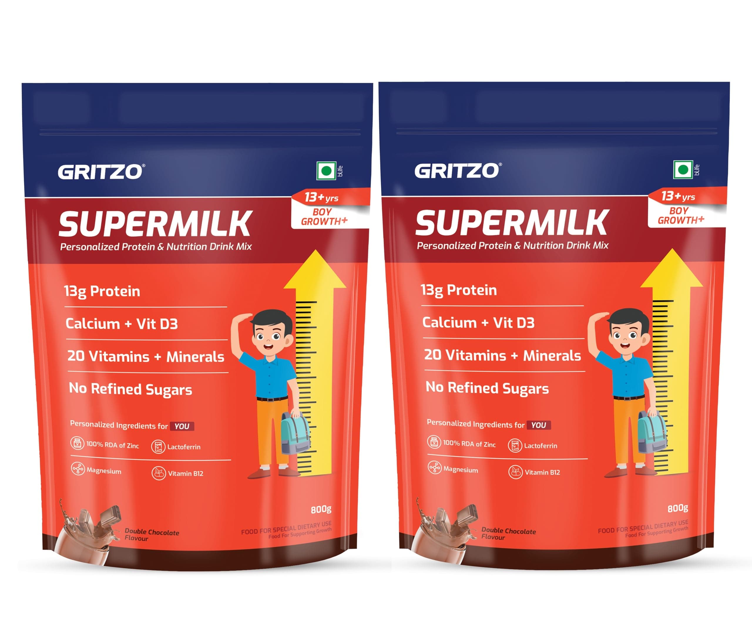 Gritzo SuperMilk Growth+ (Formerly Height+) (13+y Boys), 13g Protein Powder (Double Chocolate, 800g) | Zero Refined Sugar, 20 Vitamins & Minerals | Pack of 2