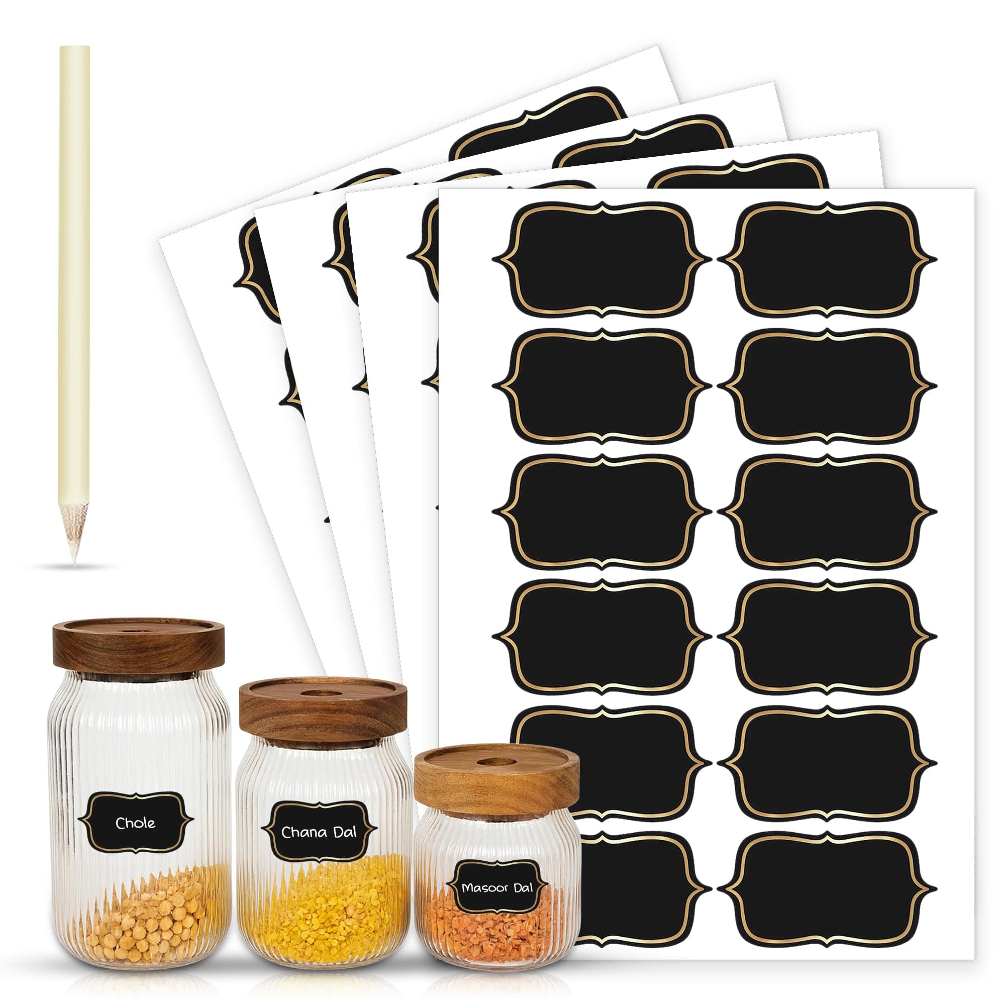Premium Golden Embossed Black Labels – 48 Pcs Waterproof Vinyl Jar & Spice Stickers for Kitchen Storage, Mason Glass & Plastic Containers with White Pencil